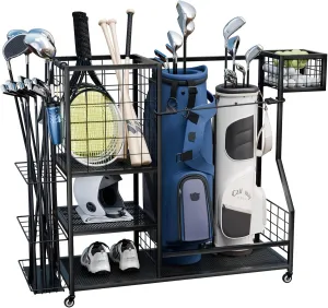 XL 2 Golf Bag Organizer Garage Storage - Golf Bag Stand with 2 Baskets for Golf Balls,Golf Equipment Accessories, Golf Bag Storage Rack with Wheels for Garage,Extra Golf Club Rack for Basement