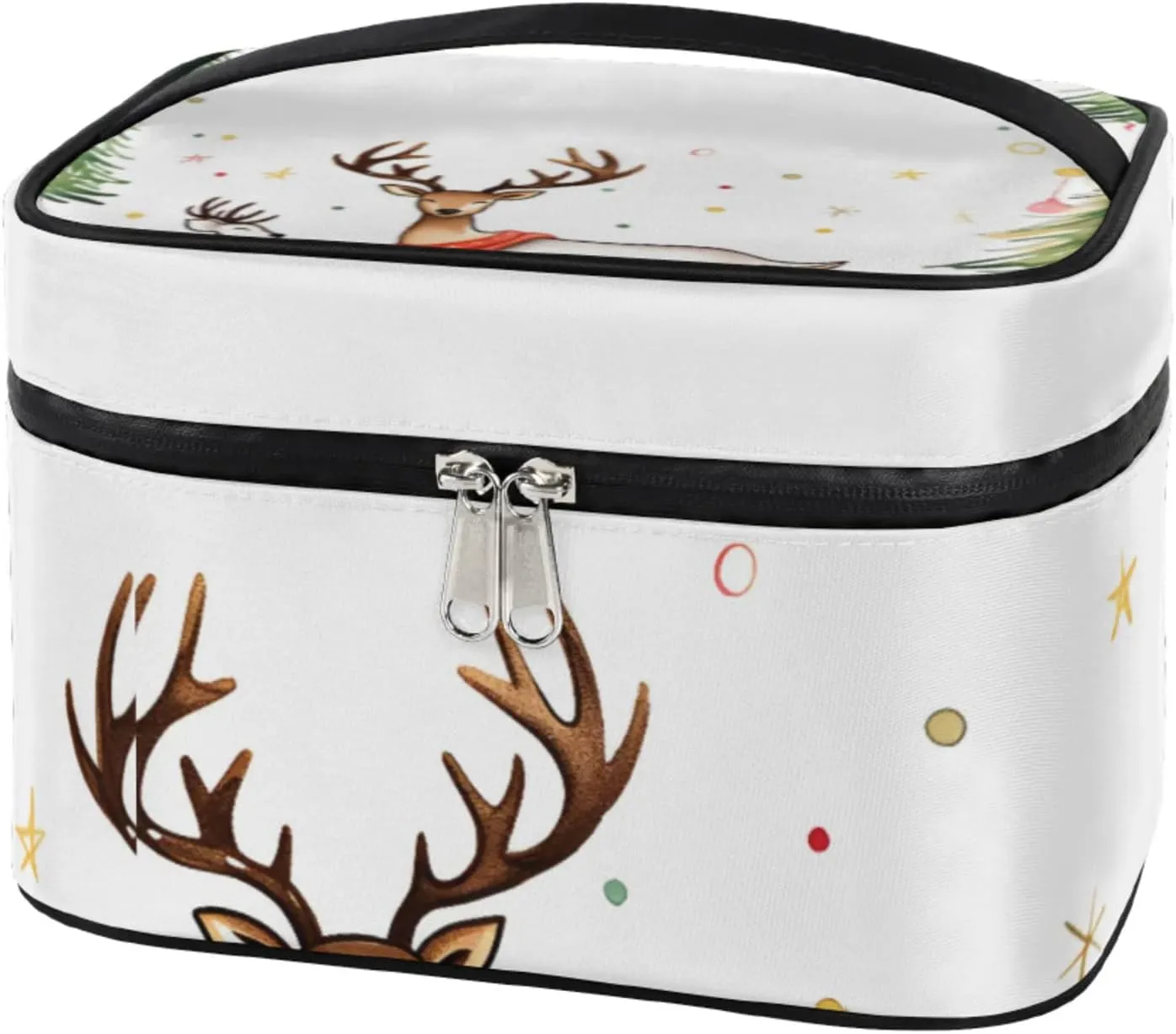 Xmas Deer Makeup Bag Large Opening Cosmetic Bag Portable Makeup Case Organizer Toiletry Bags for Women Daily Traveling With Handle Grids Smooth Zipper Divider Makeup Pouch