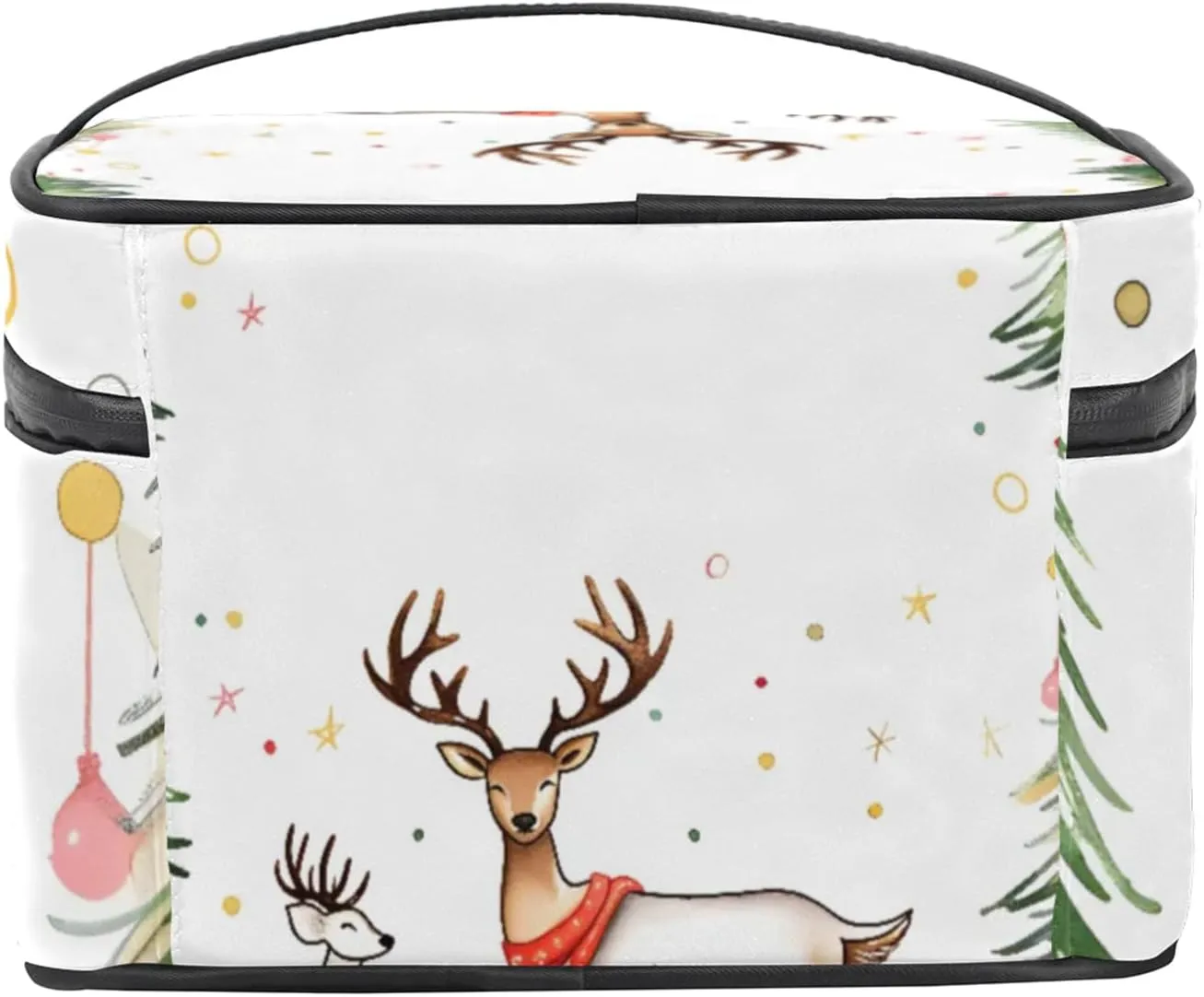 Xmas Deer Makeup Bag Large Opening Cosmetic Bag Portable Makeup Case Organizer Toiletry Bags for Women Daily Traveling With Handle Grids Smooth Zipper Divider Makeup Pouch