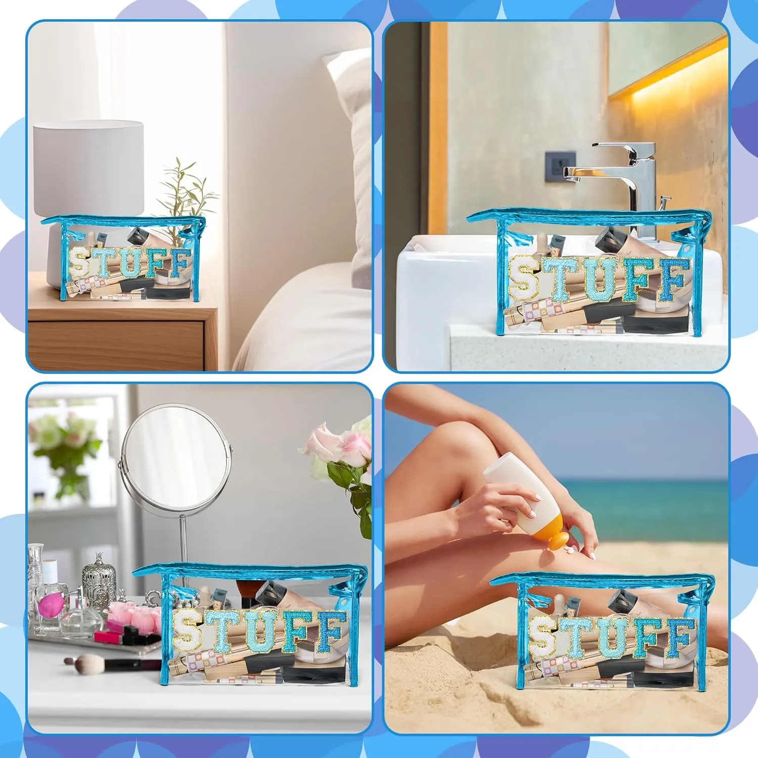Y1tvei SUN STUFF Makeup Bag - 2Pcs Preppy Patch Chenille Varsity Letter Transparent PVC Extra Large Clear Cosmetic Pouch Portable Waterproof Travel Organizer Toiletry Compliant Bag for Women(Blue)