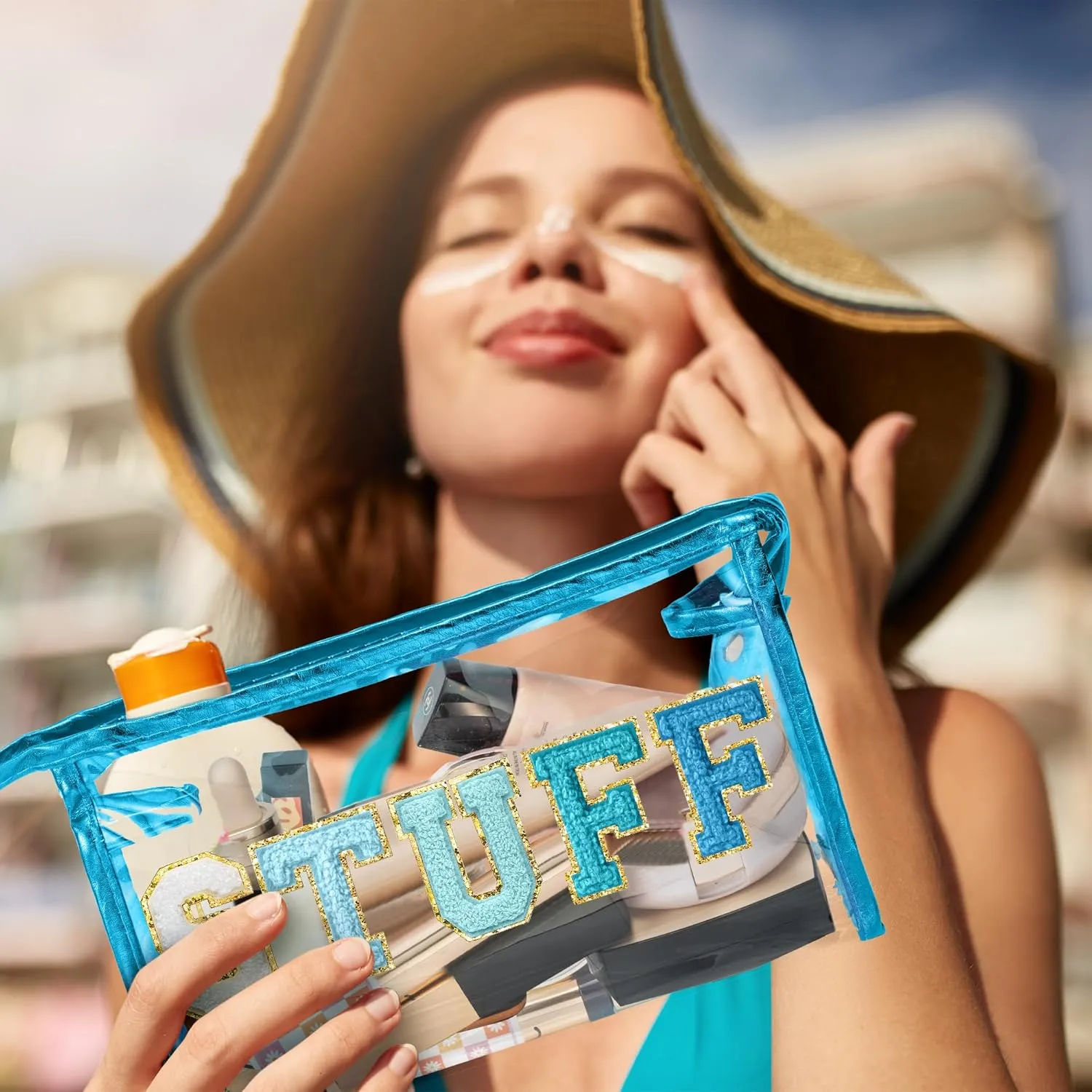 Y1tvei SUN STUFF Makeup Bag - 2Pcs Preppy Patch Chenille Varsity Letter Transparent PVC Extra Large Clear Cosmetic Pouch Portable Waterproof Travel Organizer Toiletry Compliant Bag for Women(Blue)