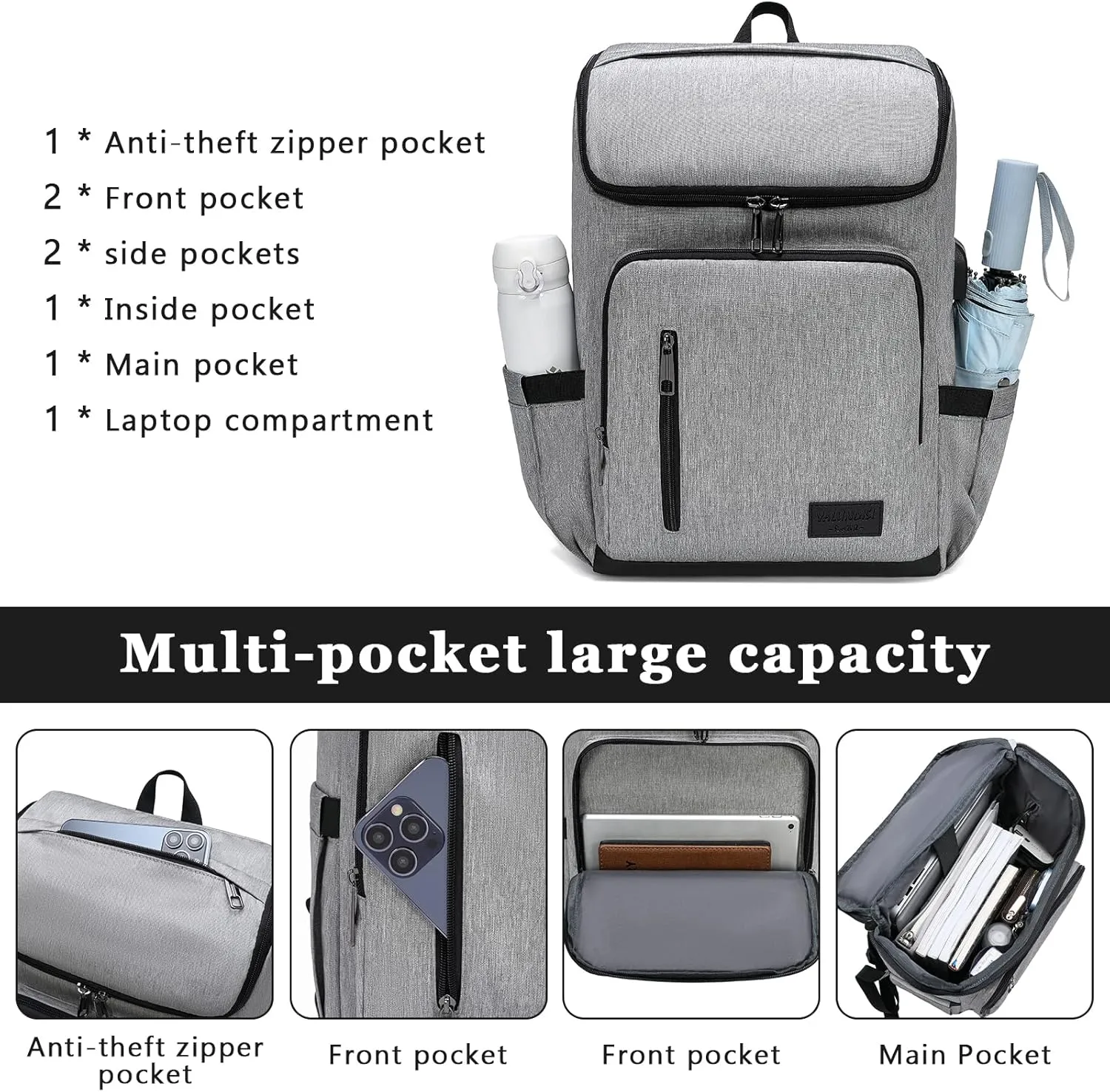 YALUNDISI Laptop Backpacks Travel Backpack Carry On Backpack Casual Daypack with USB Charging Port for Men Women Grey