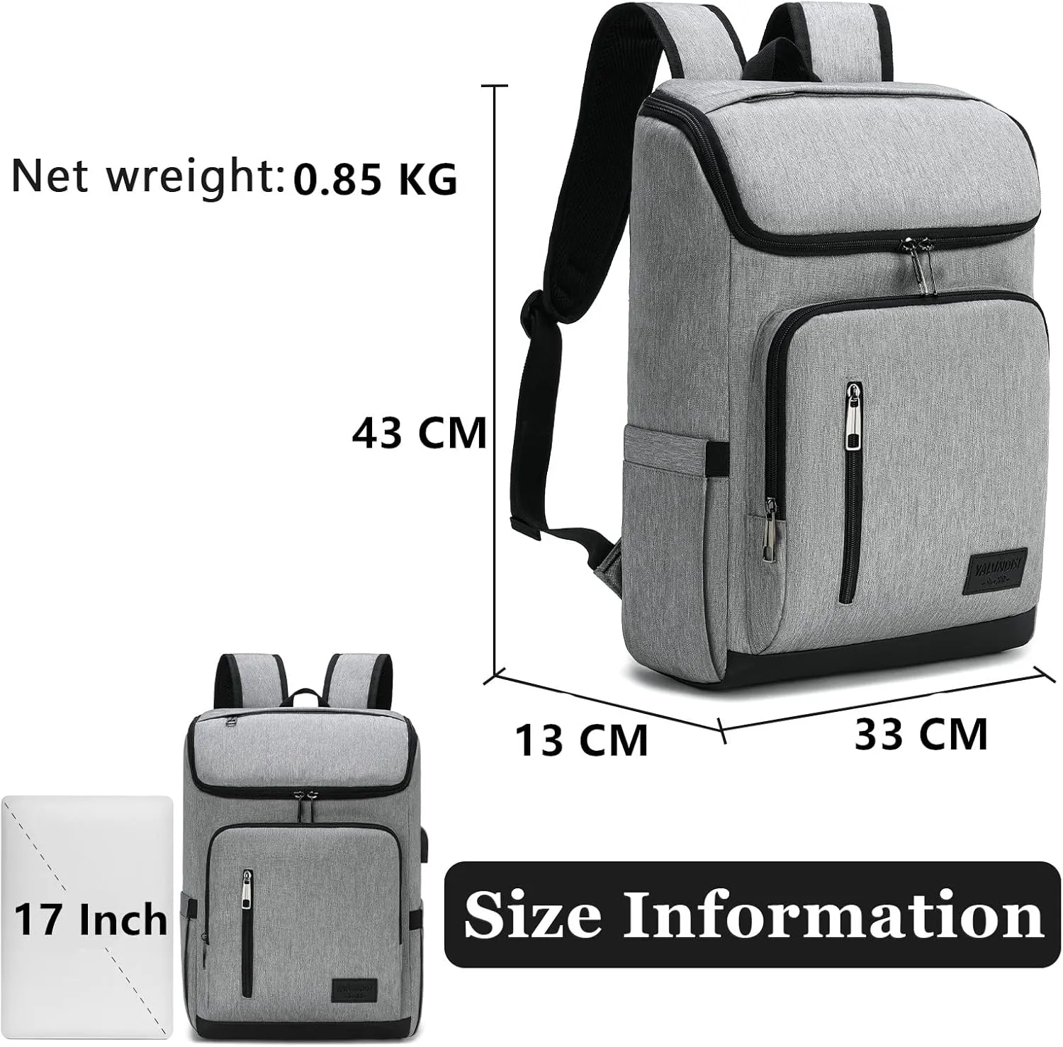 YALUNDISI Laptop Backpacks Travel Backpack Carry On Backpack Casual Daypack with USB Charging Port for Men Women Grey