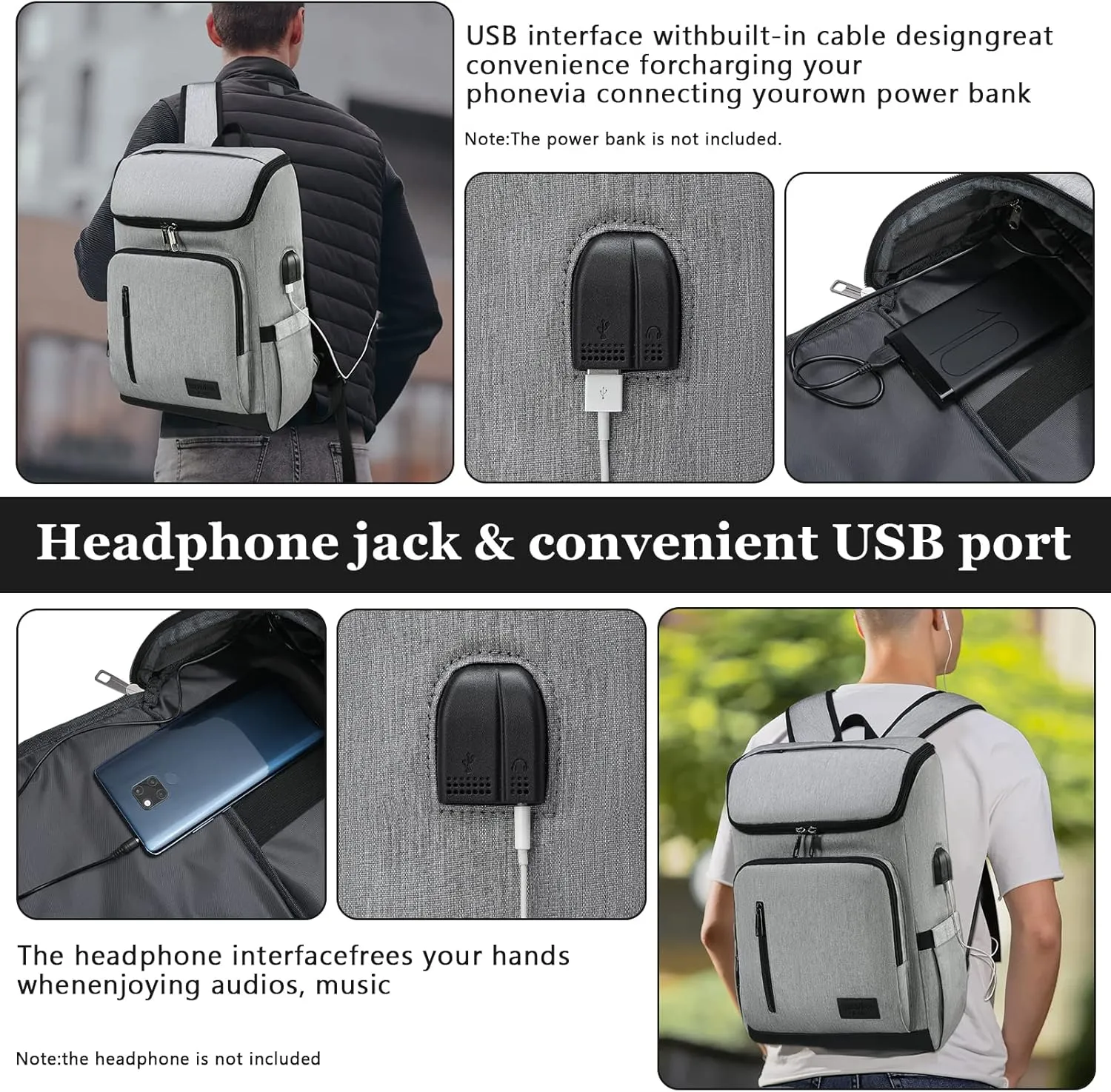 YALUNDISI Laptop Backpacks Travel Backpack Carry On Backpack Casual Daypack with USB Charging Port for Men Women Grey