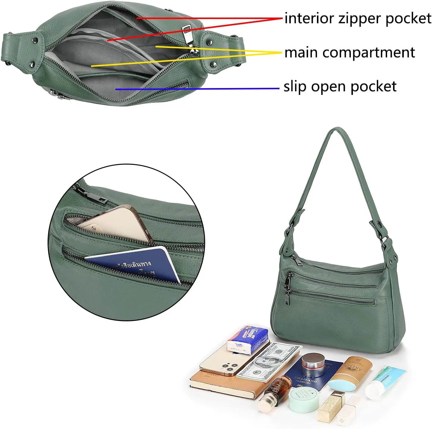 YALUXE Genuine Leather Shoulder Bag Medium Size Handbag Purse Multi Zip Pockets Crossbody Bags for Women