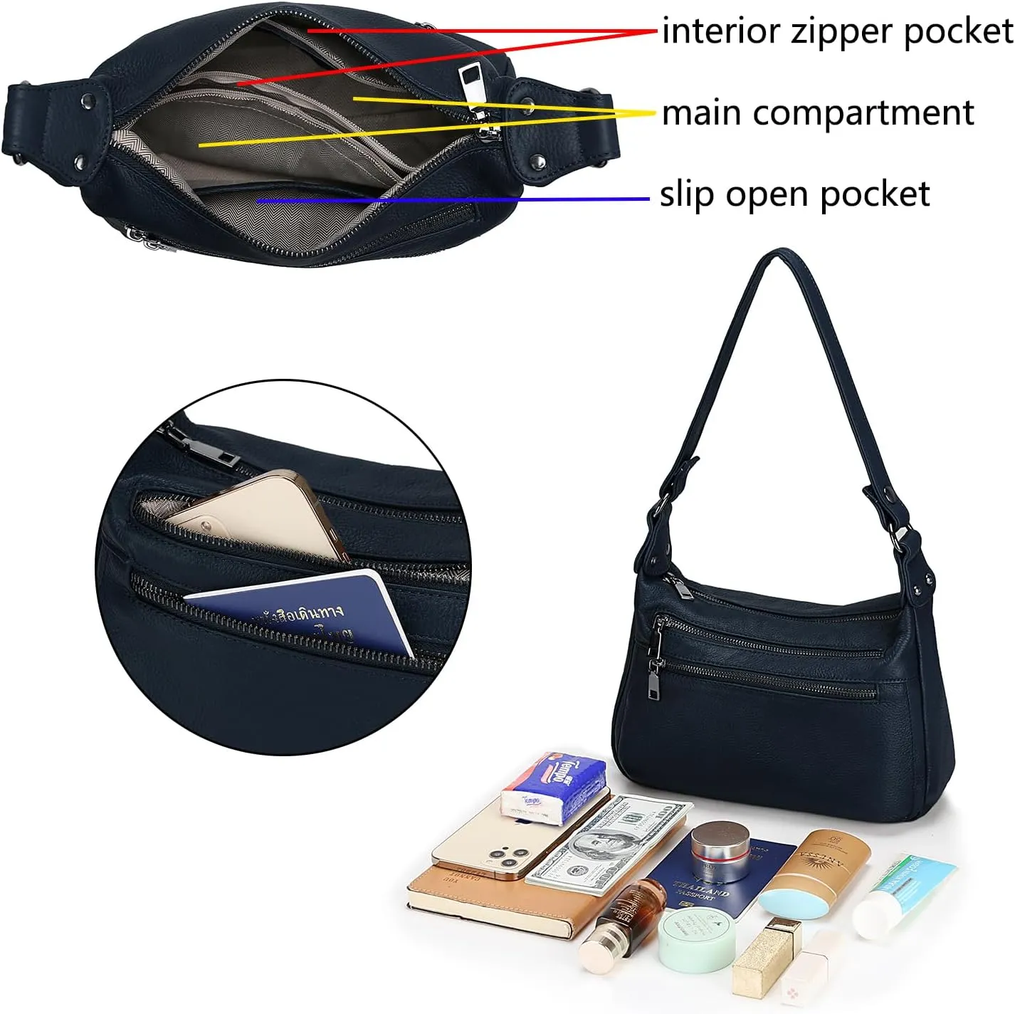 YALUXE Genuine Leather Shoulder Bag Medium Size Handbag Purse Multi Zip Pockets Crossbody Bags for Women