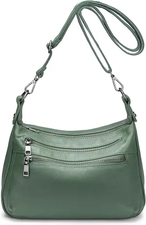 YALUXE Genuine Leather Shoulder Bag Medium Size Handbag Purse Multi Zip Pockets Crossbody Bags for Women