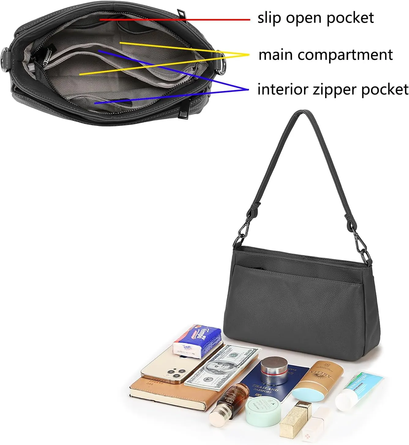 YALUXE Women's Real Leather Shoulder Bag Medium Size Handbag Purse with Multi Zip Pockets