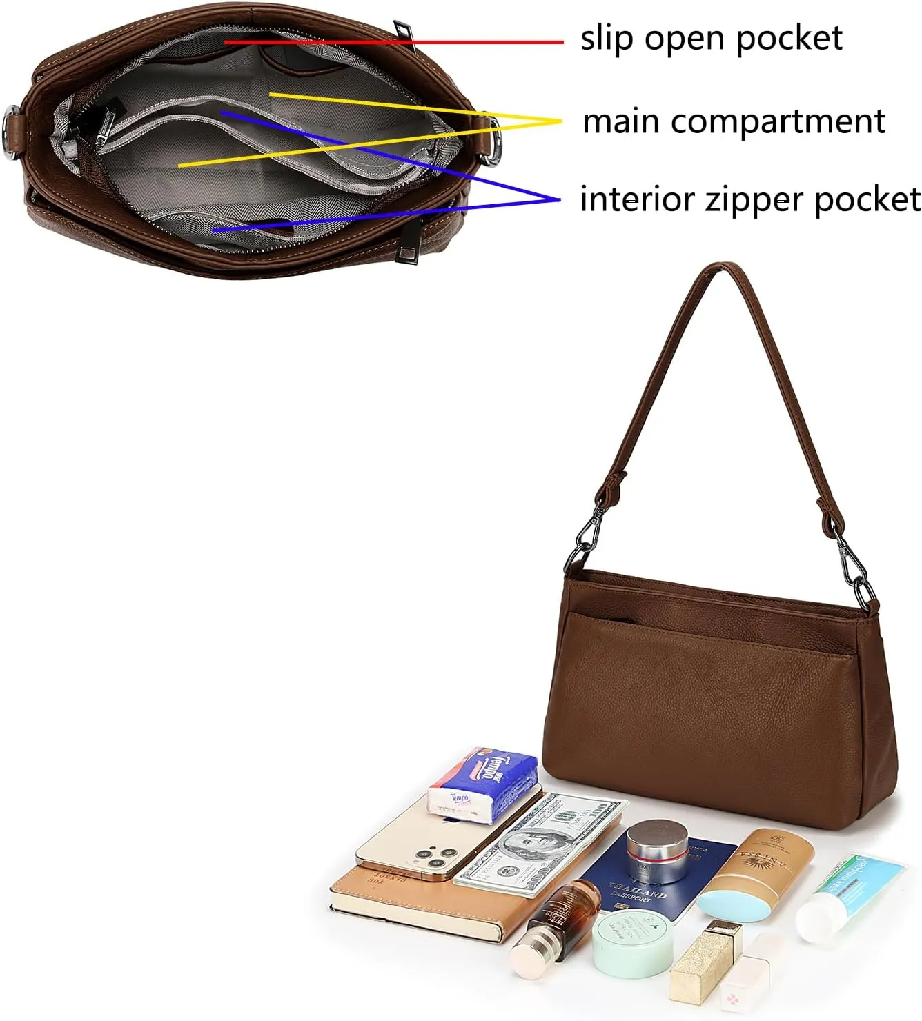 YALUXE Women's Real Leather Shoulder Bag Medium Size Handbag Purse with Multi Zip Pockets