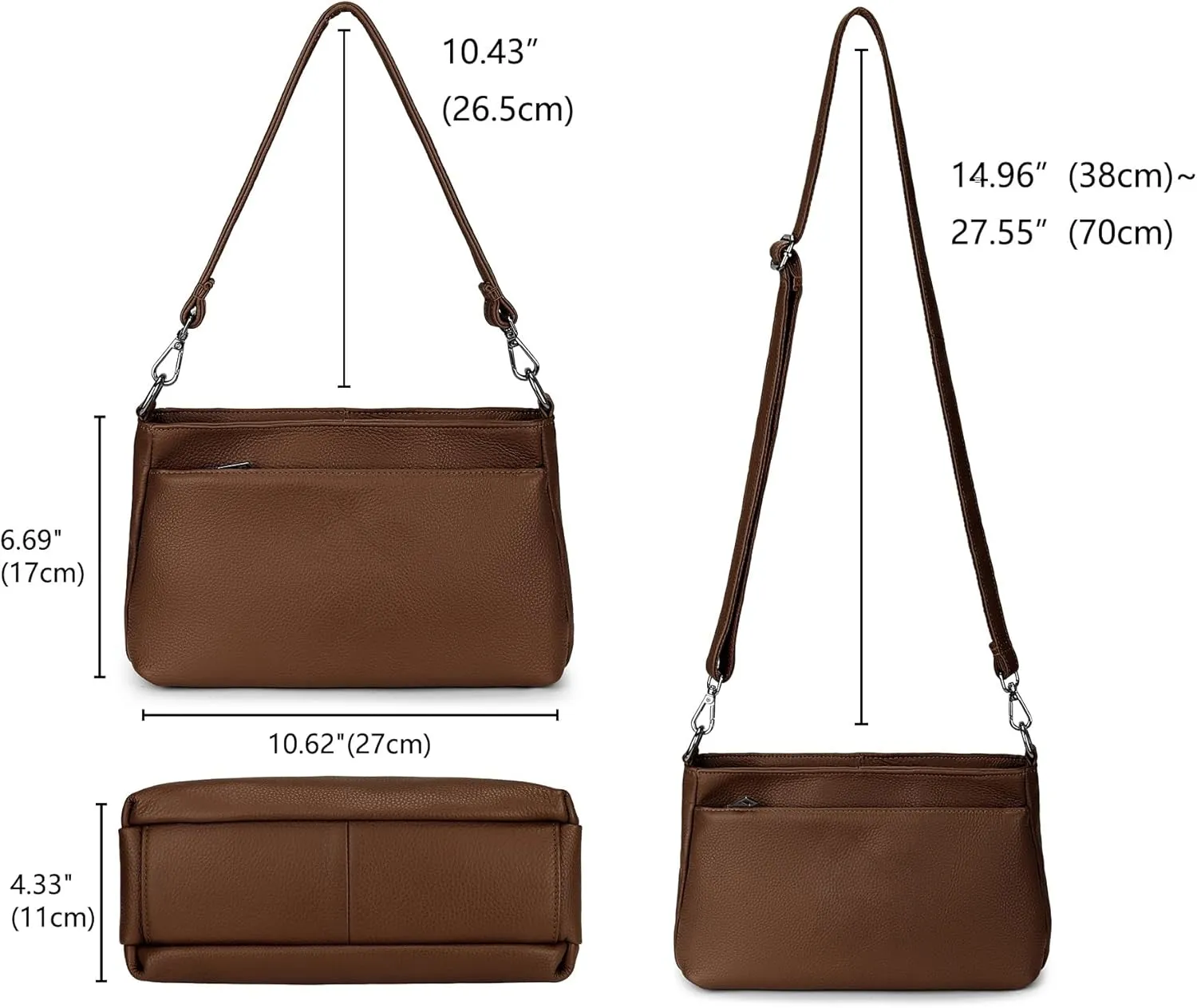 YALUXE Women's Real Leather Shoulder Bag Medium Size Handbag Purse with Multi Zip Pockets