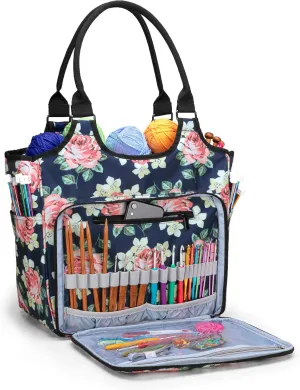 YARWO Knitting Tote Bag, Yarn Storage Organizer for Yarn Skeins, Knitting Needles, Crochet Hooks and Knitting Projects, Blue Peony (Patent Pending)