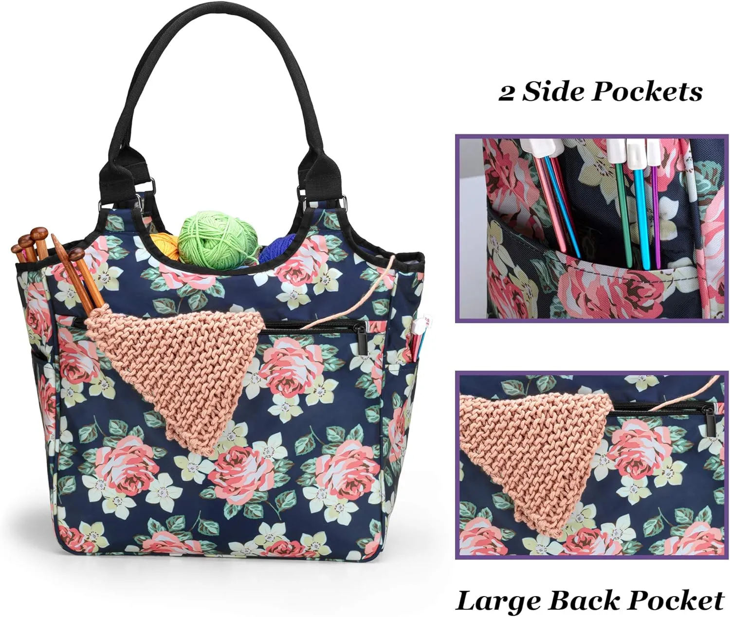 YARWO Knitting Tote Bag, Yarn Storage Organizer for Yarn Skeins, Knitting Needles, Crochet Hooks and Knitting Projects, Blue Peony (Patent Pending)