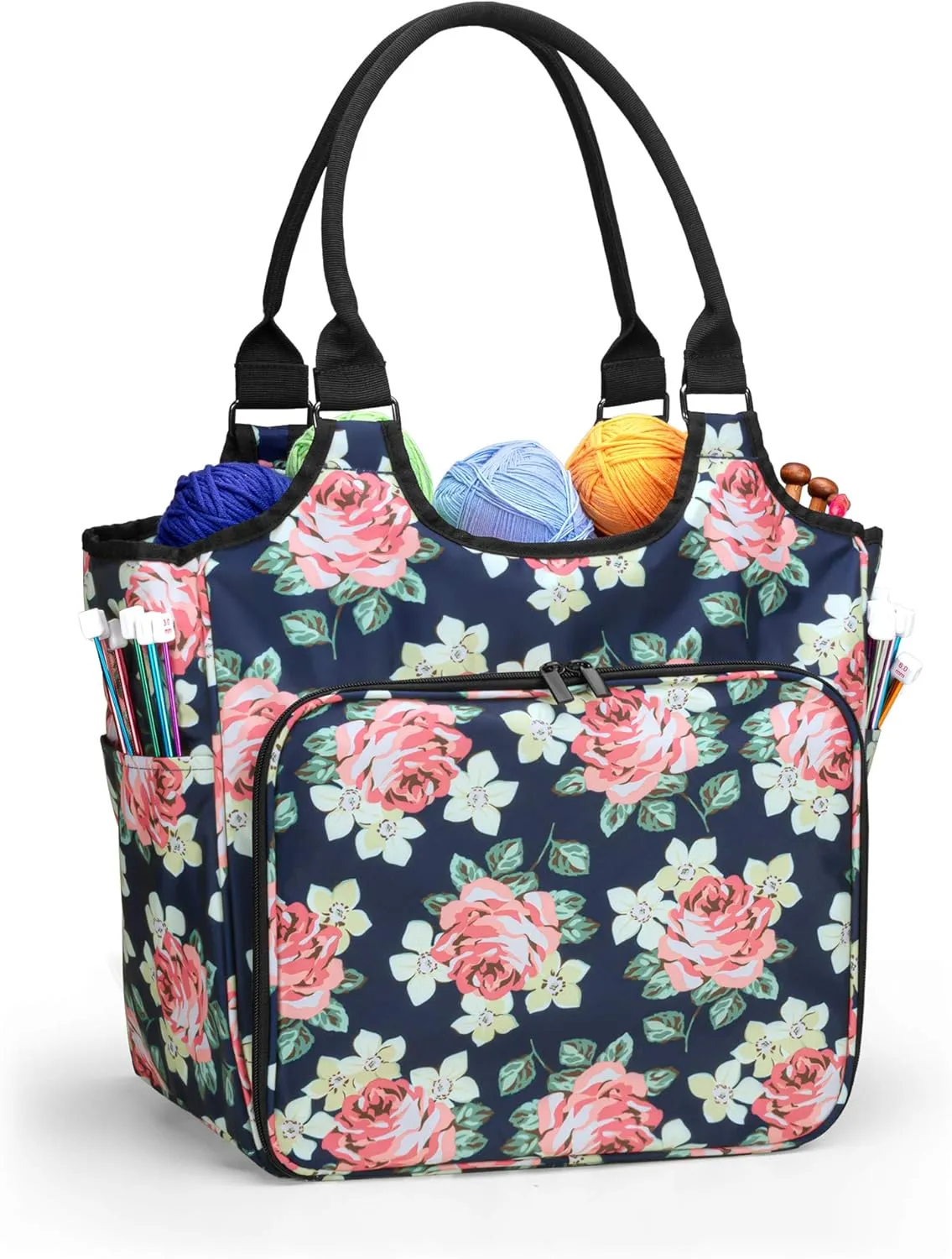 YARWO Knitting Tote Bag, Yarn Storage Organizer for Yarn Skeins, Knitting Needles, Crochet Hooks and Knitting Projects, Blue Peony (Patent Pending)