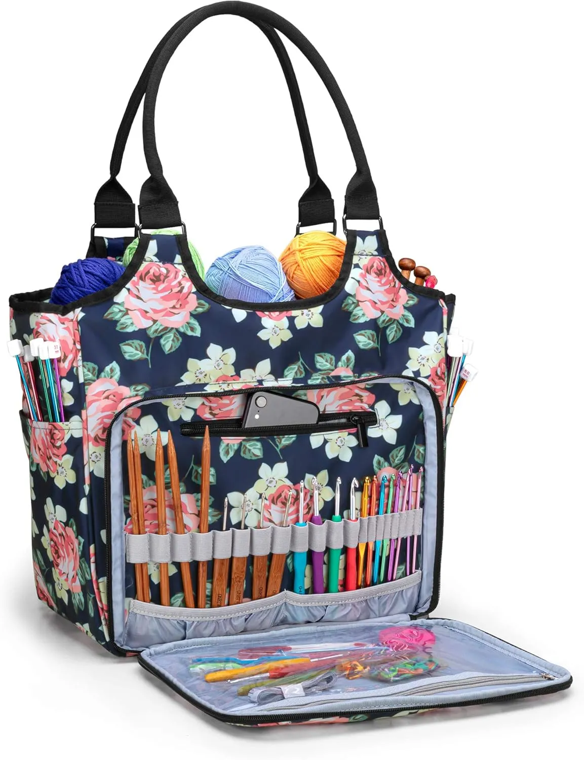 YARWO Knitting Tote Bag, Yarn Storage Organizer for Yarn Skeins, Knitting Needles, Crochet Hooks and Knitting Projects, Blue Peony (Patent Pending)