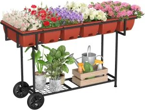 YBING Elevated Garden Bed with Wheels Outdoor 42x17x30in Elevated Raised Planter Box Stand 6 Pocket Herb Garden Planter with Storage Shelf for Balcony Patio, Red