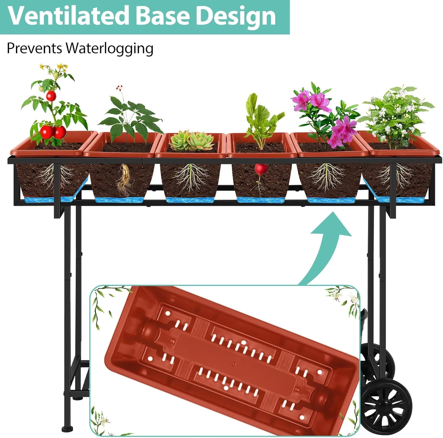 YBING Elevated Garden Bed with Wheels Outdoor 42x17x30in Elevated Raised Planter Box Stand 6 Pocket Herb Garden Planter with Storage Shelf for Balcony Patio, Red