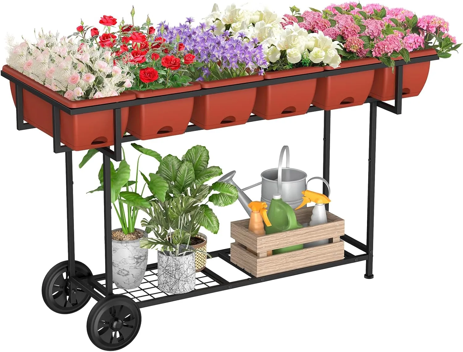YBING Elevated Garden Bed with Wheels Outdoor 42x17x30in Elevated Raised Planter Box Stand 6 Pocket Herb Garden Planter with Storage Shelf for Balcony Patio, Red