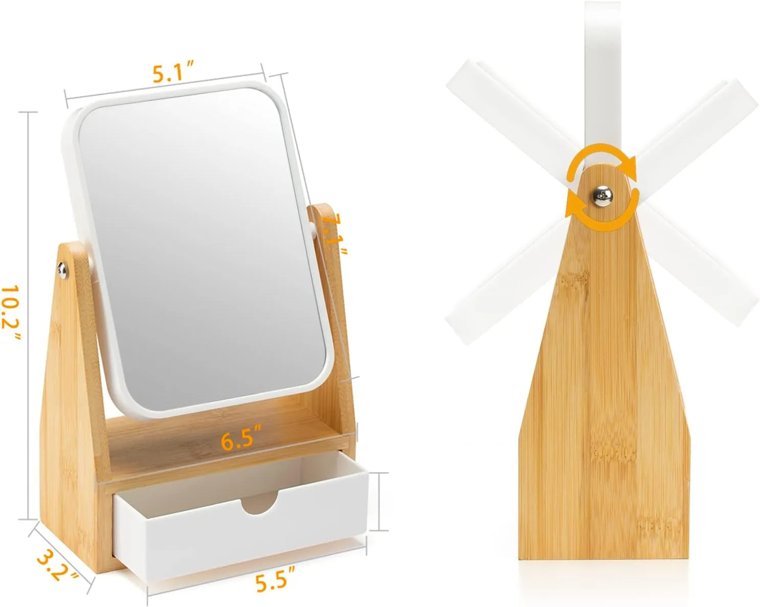 YEAKE Vanity Double Sided Magnifying Makeup Mirror with Storage, Adjustable Natural Bamboo Stand, Portable Desk/Table Mirror, Rectangular