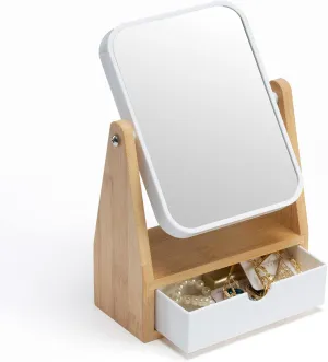 YEAKE Vanity Double Sided Magnifying Makeup Mirror with Storage, Adjustable Natural Bamboo Stand, Portable Desk/Table Mirror, Rectangular