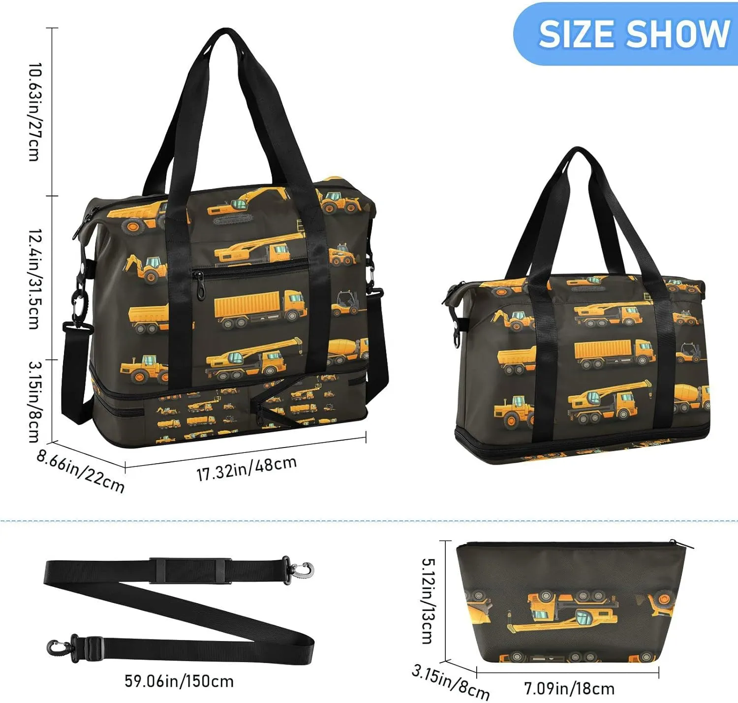 Yellow Construction Machinery Trucks, Crane, Loader, Bulldozer Gym Duffel Bag, Polyester Travel Weekender Luggage Handbag with Waterproof Pocket for Wet Items, Unisex Foldable Tote for Sports