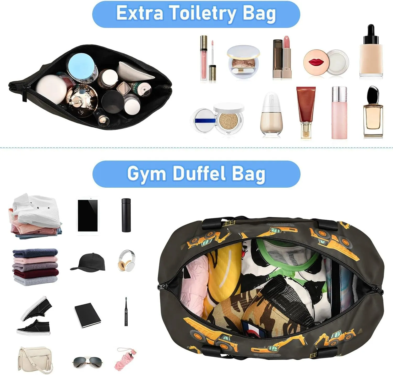 Yellow Construction Machinery Trucks, Crane, Loader, Bulldozer Gym Duffel Bag, Polyester Travel Weekender Luggage Handbag with Waterproof Pocket for Wet Items, Unisex Foldable Tote for Sports