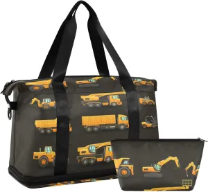 Yellow Construction Machinery Trucks, Crane, Loader, Bulldozer Gym Duffel Bag, Polyester Travel Weekender Luggage Handbag with Waterproof Pocket for Wet Items, Unisex Foldable Tote for Sports