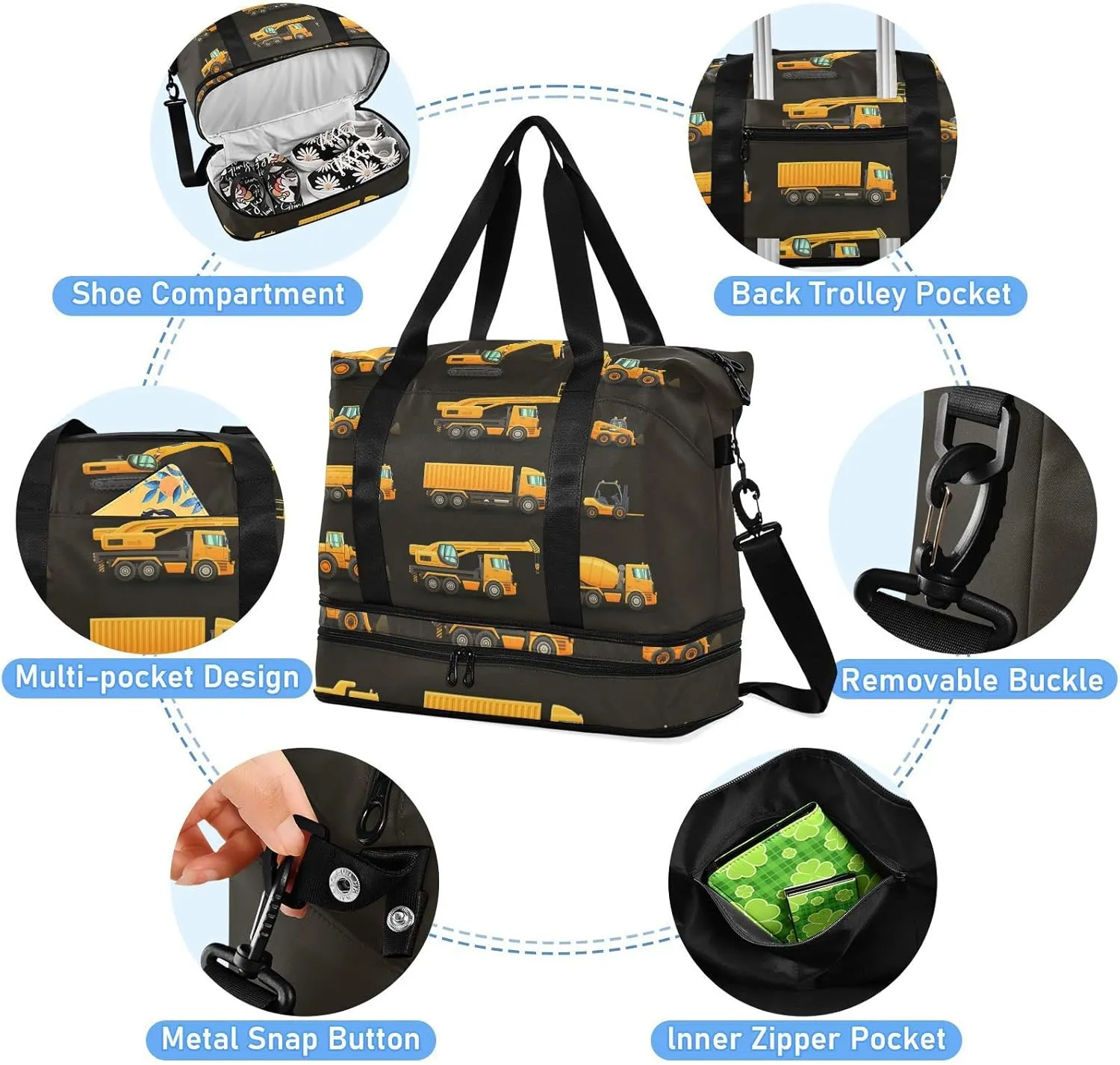 Yellow Construction Machinery Trucks, Crane, Loader, Bulldozer Gym Duffel Bag, Polyester Travel Weekender Luggage Handbag with Waterproof Pocket for Wet Items, Unisex Foldable Tote for Sports