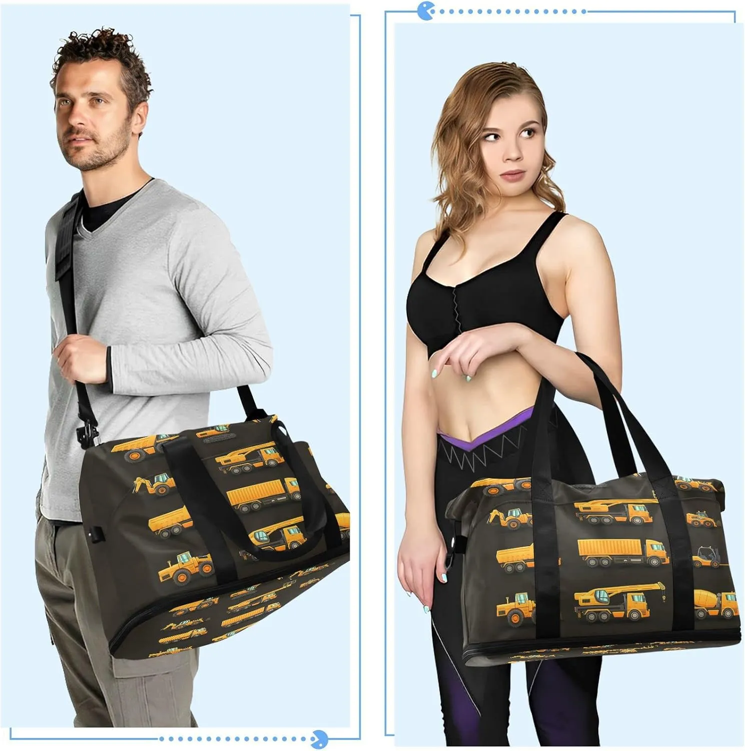 Yellow Construction Machinery Trucks, Crane, Loader, Bulldozer Gym Duffel Bag, Polyester Travel Weekender Luggage Handbag with Waterproof Pocket for Wet Items, Unisex Foldable Tote for Sports