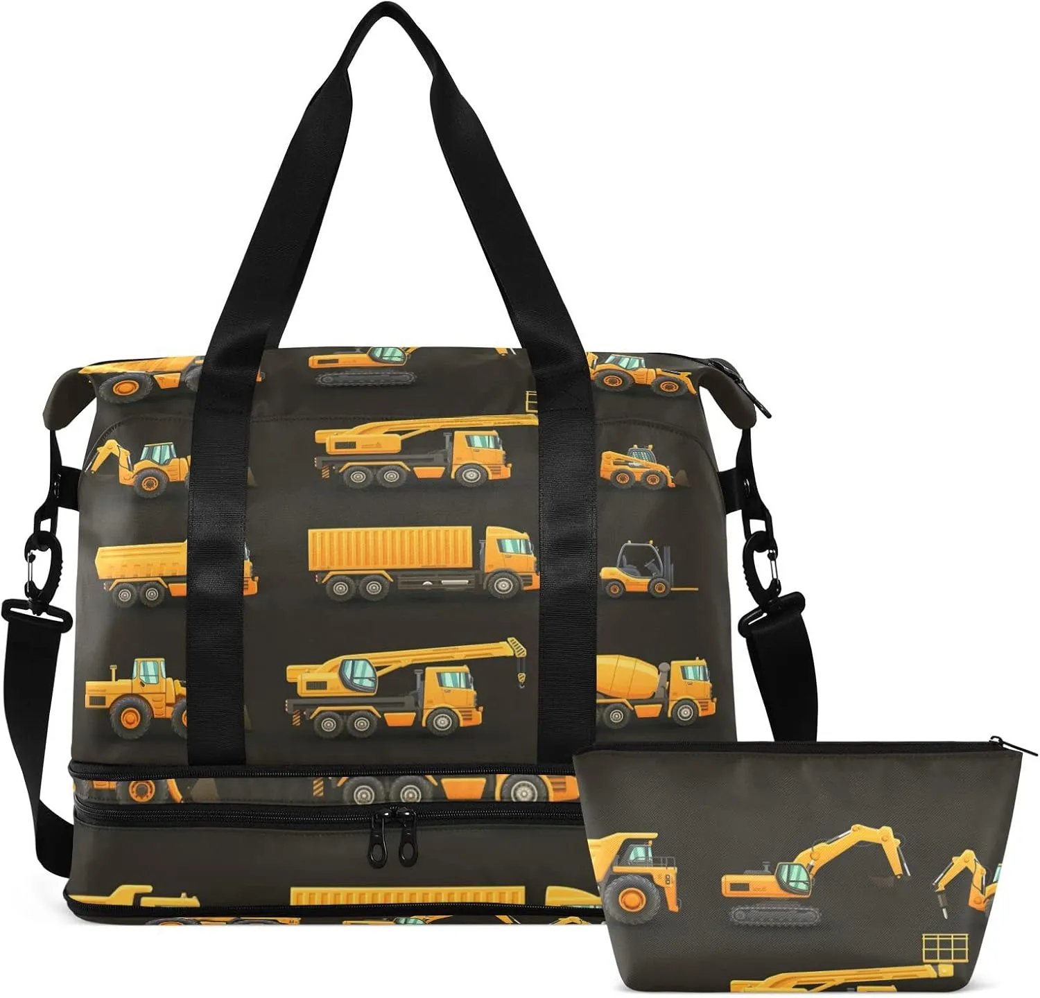 Yellow Construction Machinery Trucks, Crane, Loader, Bulldozer Gym Duffel Bag, Polyester Travel Weekender Luggage Handbag with Waterproof Pocket for Wet Items, Unisex Foldable Tote for Sports