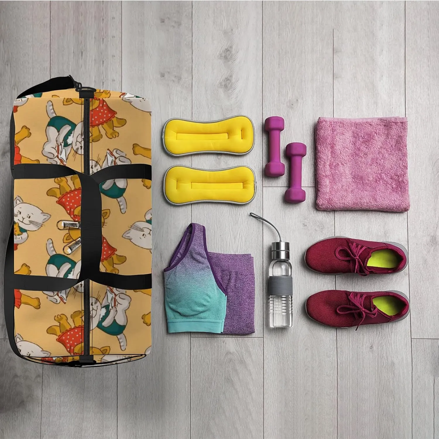Yellow Kawaii Cute Cartoon Baby Cat Sports Bag Tote Bag Waterproof Gym Bag with Shoulder Strap Zipper 2 Side Pockets for Men and Women, Travel and Storage Shoulder Bag.