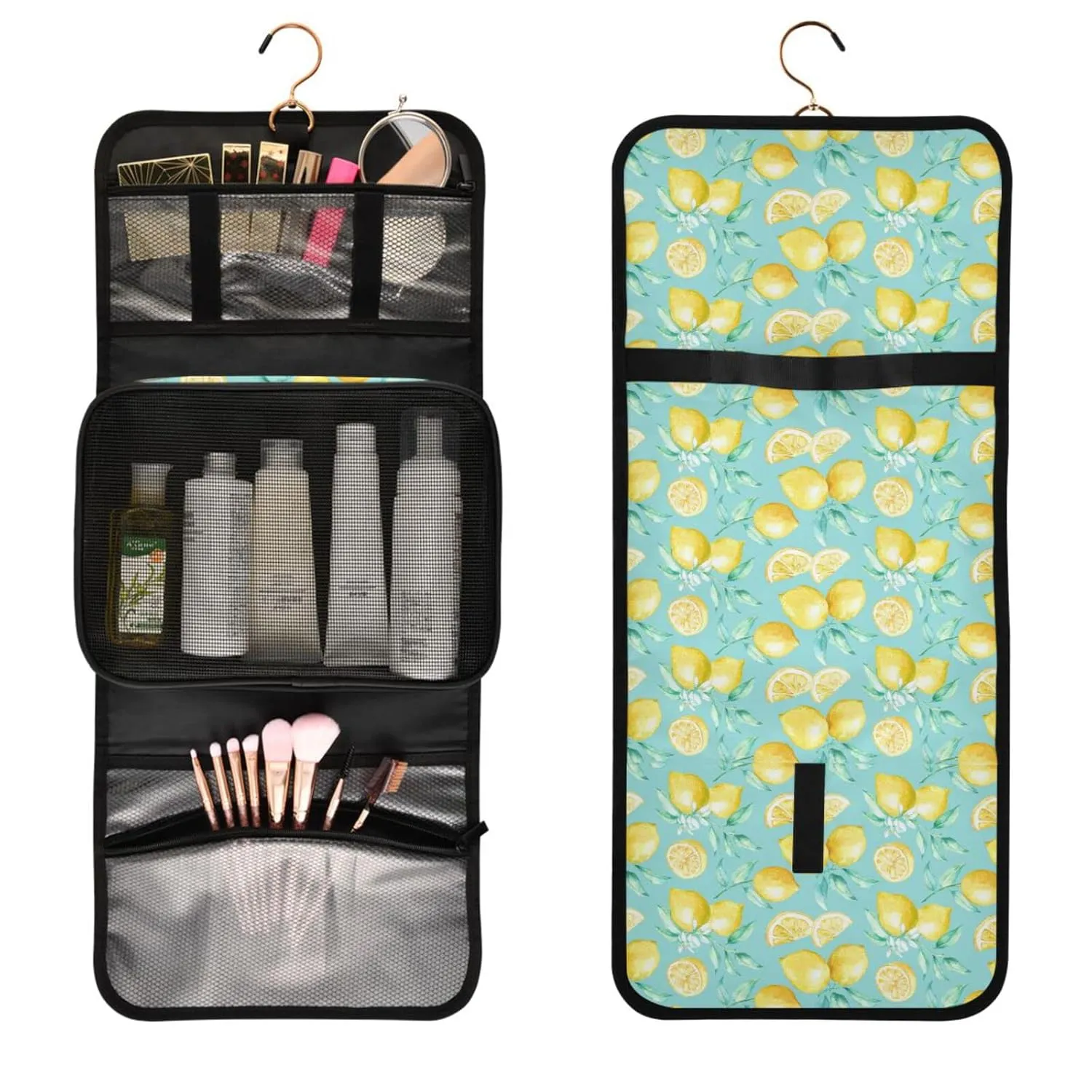 Yellow Sunflowers White Chamomile Flowers with Green Leaves on Dark 1 PC Hanging Toiletry Wash bag Portable Makeup Organizer Brush Storage Case Portable Travel Cosmetic with Hook