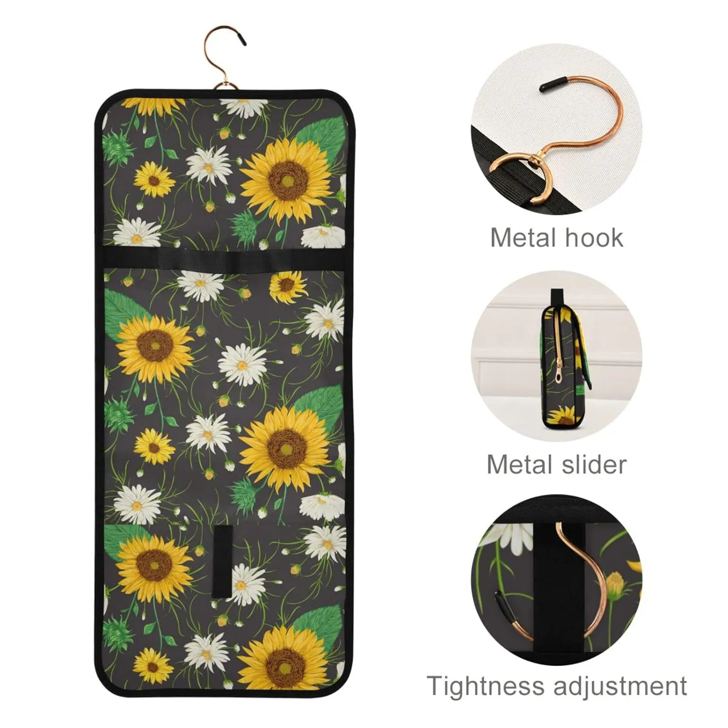 Yellow Sunflowers White Chamomile Flowers with Green Leaves on Dark 1 PC Hanging Toiletry Wash bag Portable Makeup Organizer Brush Storage Case Portable Travel Cosmetic with Hook