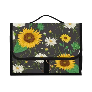Yellow Sunflowers White Chamomile Flowers with Green Leaves on Dark 1 PC Hanging Toiletry Wash bag Portable Makeup Organizer Brush Storage Case Portable Travel Cosmetic with Hook