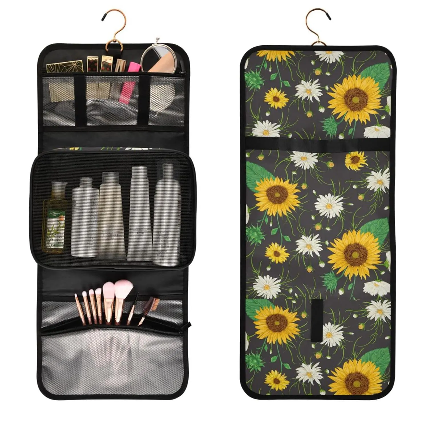 Yellow Sunflowers White Chamomile Flowers with Green Leaves on Dark 1 PC Hanging Toiletry Wash bag Portable Makeup Organizer Brush Storage Case Portable Travel Cosmetic with Hook