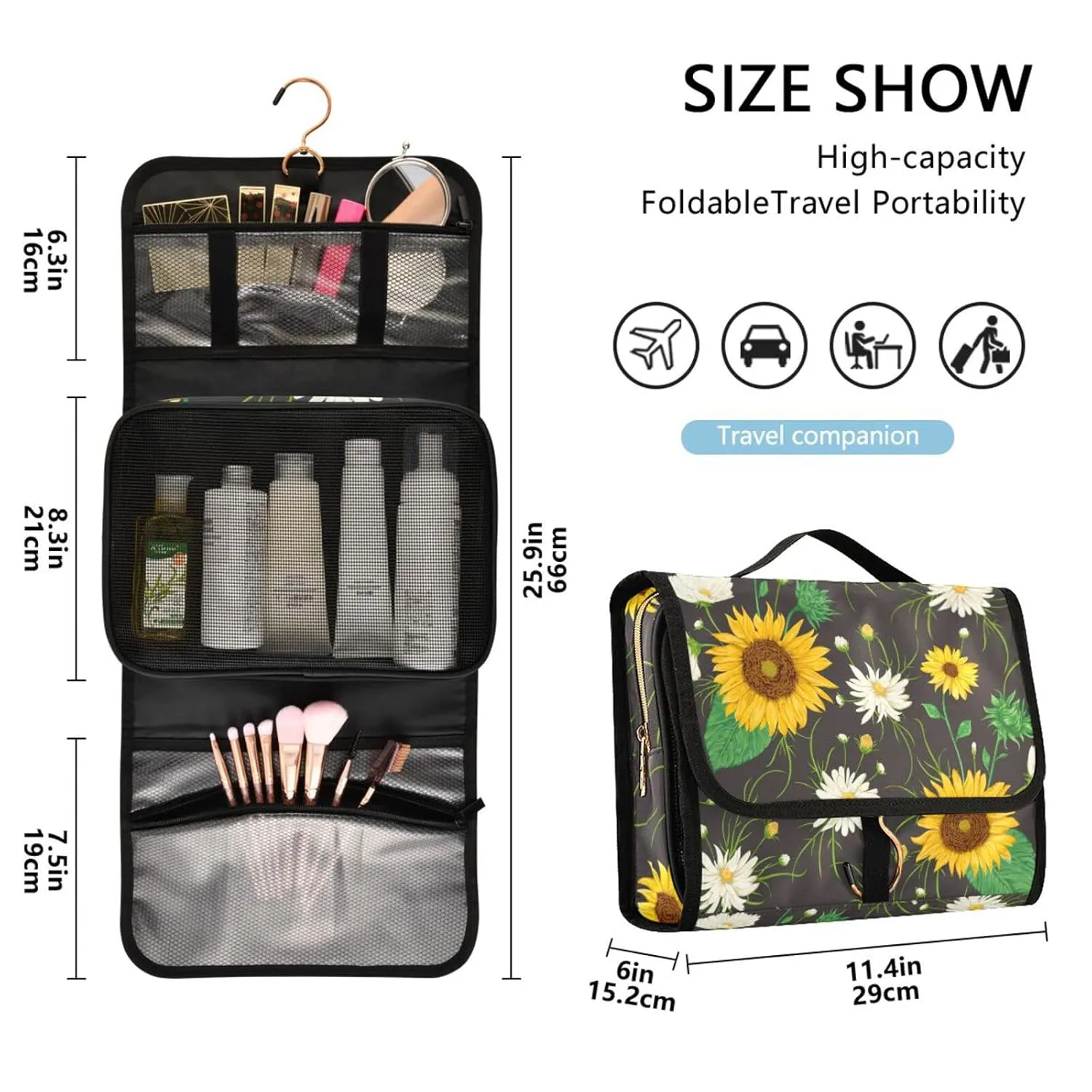 Yellow Sunflowers White Chamomile Flowers with Green Leaves on Dark 1 PC Hanging Toiletry Wash bag Portable Makeup Organizer Brush Storage Case Portable Travel Cosmetic with Hook