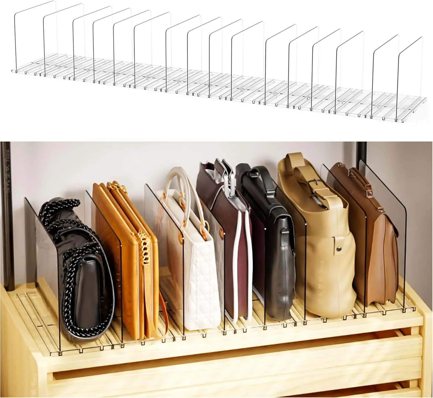 Yieach 8 Pack Clear Shelf Dividers For Closet Organization Jean,Tshirt,Handbag,Purses,Bag - Installation Free for all Iron Wire or Wood Shelves - Plastics Clutch Organizer Shelf Separators in Closet