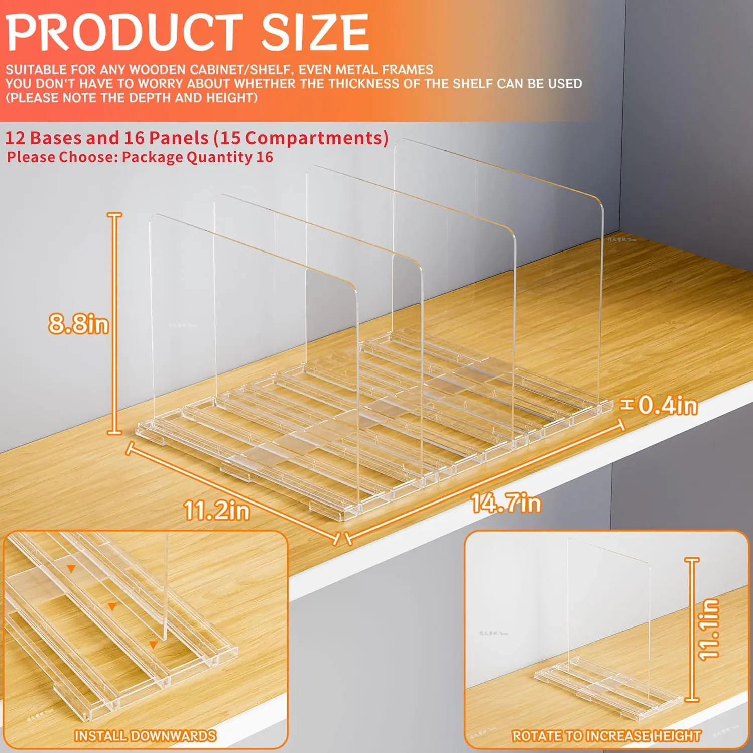 Yieach 8 Pack Clear Shelf Dividers For Closet Organization Jean,Tshirt,Handbag,Purses,Bag - Installation Free for all Iron Wire or Wood Shelves - Plastics Clutch Organizer Shelf Separators in Closet