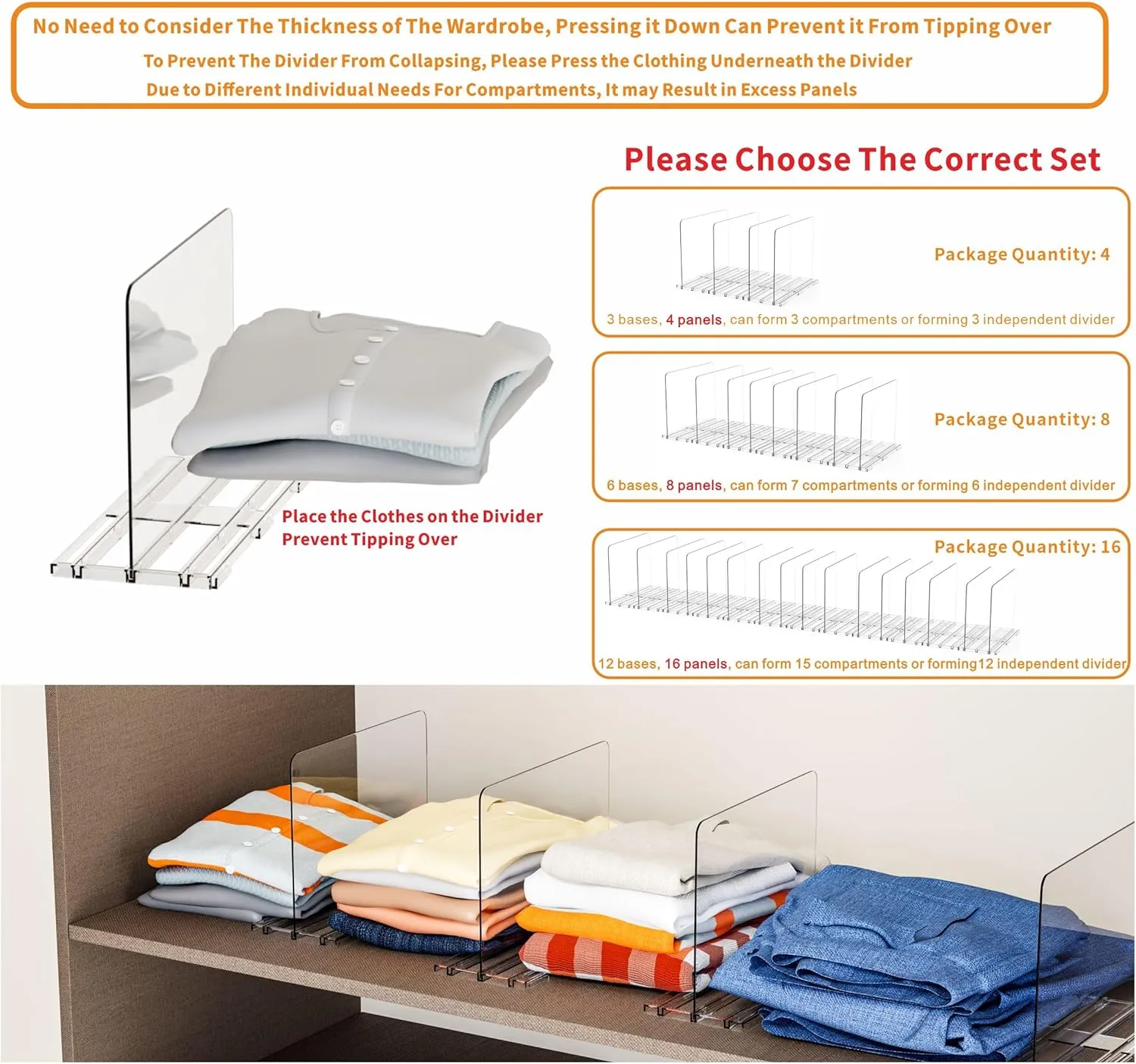 Yieach 8 Pack Clear Shelf Dividers For Closet Organization Jean,Tshirt,Handbag,Purses,Bag - Installation Free for all Iron Wire or Wood Shelves - Plastics Clutch Organizer Shelf Separators in Closet
