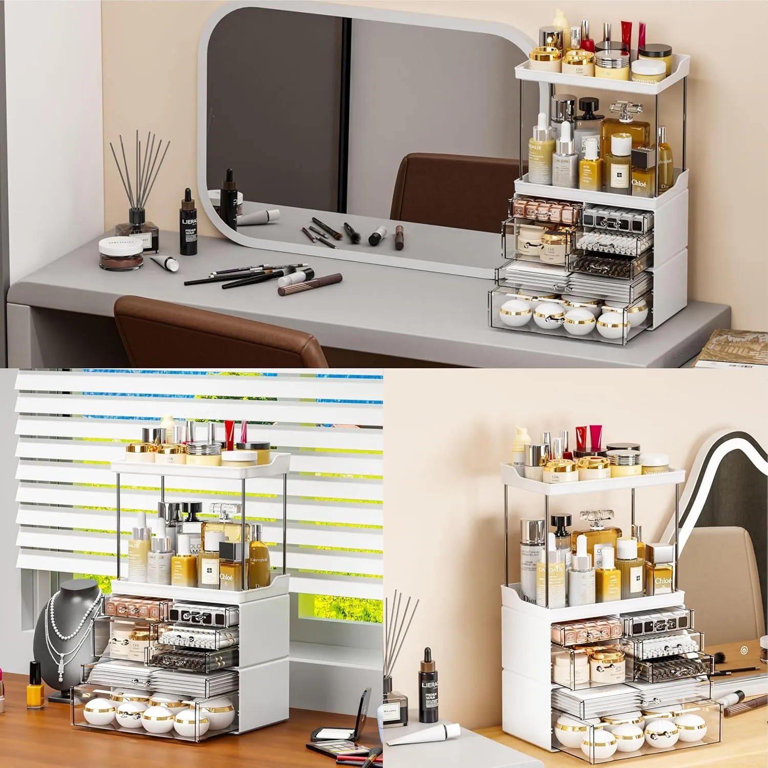 Yieach Acrylic Makeup Organizer Countertop,Large Skincare Organizer for Dresser Top,Plastic Bathroom Counter Organizers and Storage for Beauty,Cosmetic,Hair Products,Lotion and Perfume Organizer,Black