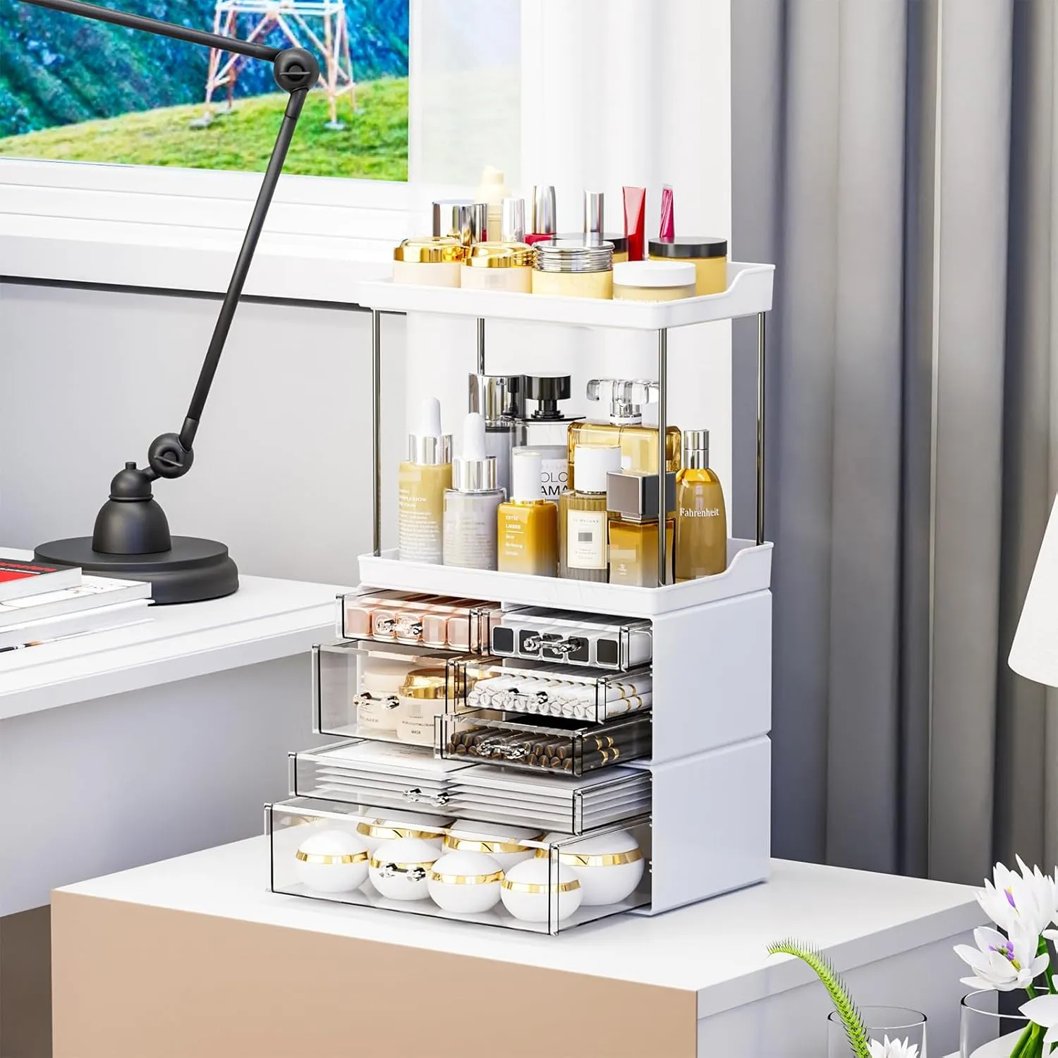 Yieach Acrylic Makeup Organizer Countertop,Large Skincare Organizer for Dresser Top,Plastic Bathroom Counter Organizers and Storage for Beauty,Cosmetic,Hair Products,Lotion and Perfume Organizer,Black