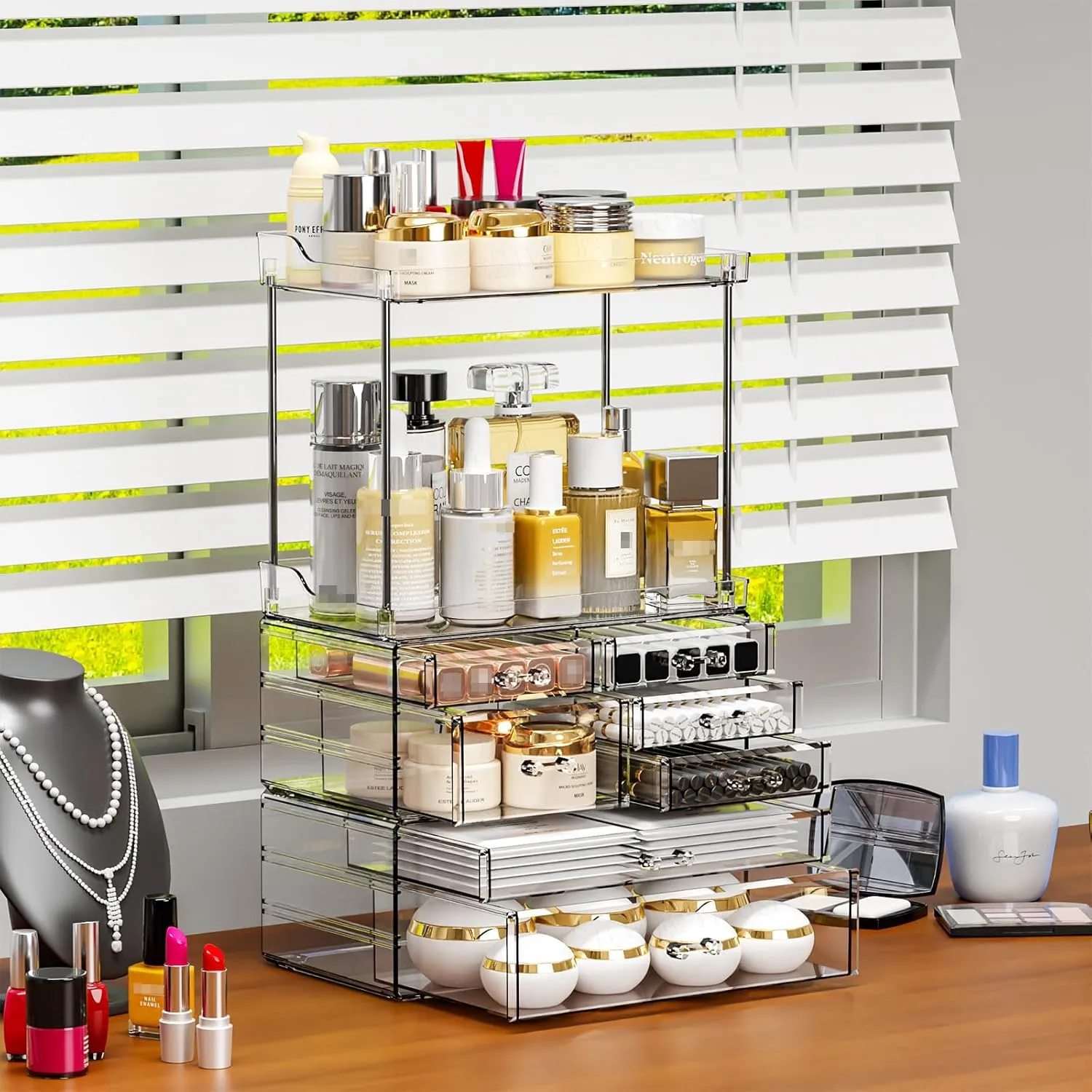 Yieach Clear Acrylic Makeup Organizer Countertop,Large Skincare Organizer for Dresser Top,Plastic Bathroom Counter Organizers and Storage for Beauty,Cosmetic,Hair Products,Lotion and Perfume Organizer
