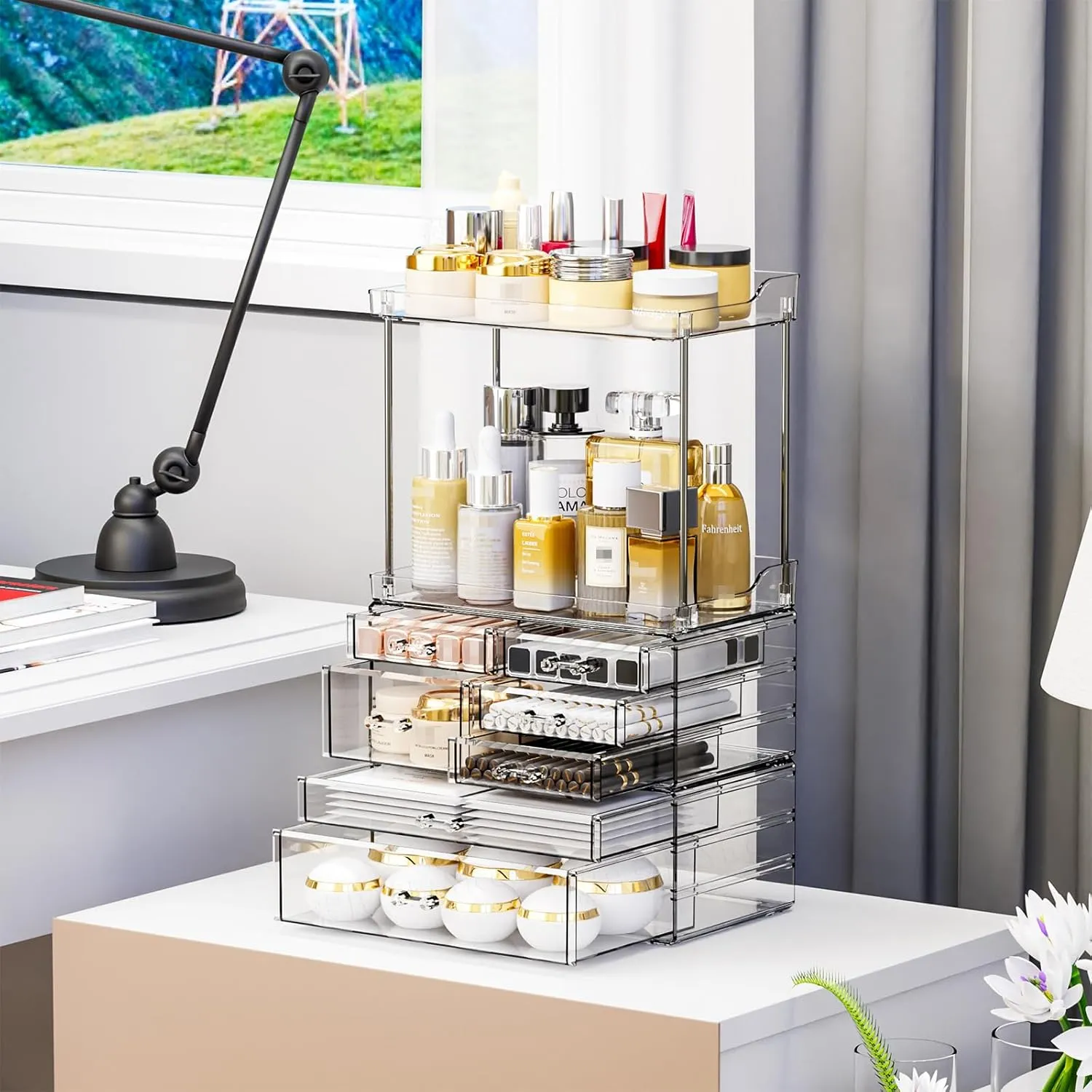Yieach Clear Acrylic Makeup Organizer Countertop,Large Skincare Organizer for Dresser Top,Plastic Bathroom Counter Organizers and Storage for Beauty,Cosmetic,Hair Products,Lotion and Perfume Organizer