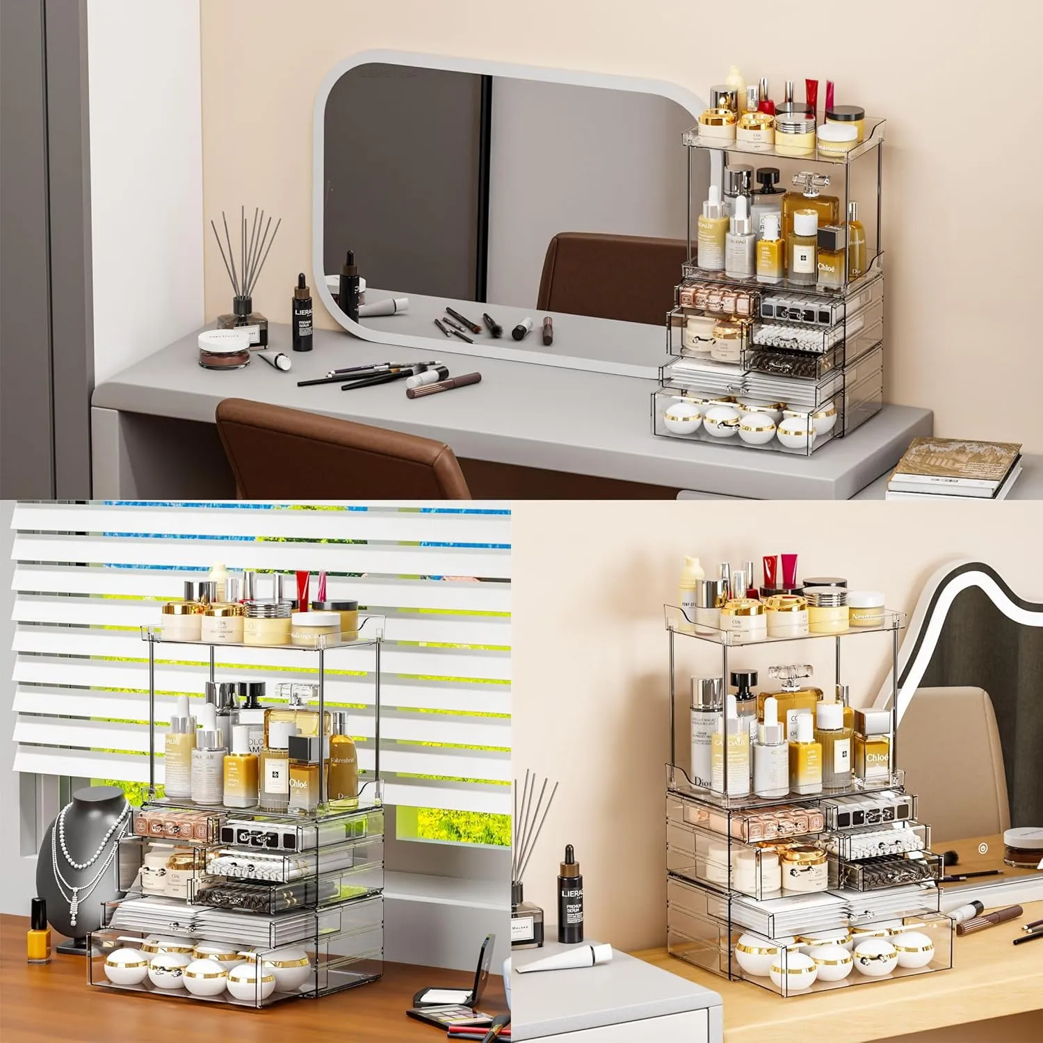Yieach Clear Acrylic Makeup Organizer Countertop,Large Skincare Organizer for Dresser Top,Plastic Bathroom Counter Organizers and Storage for Beauty,Cosmetic,Hair Products,Lotion and Perfume Organizer