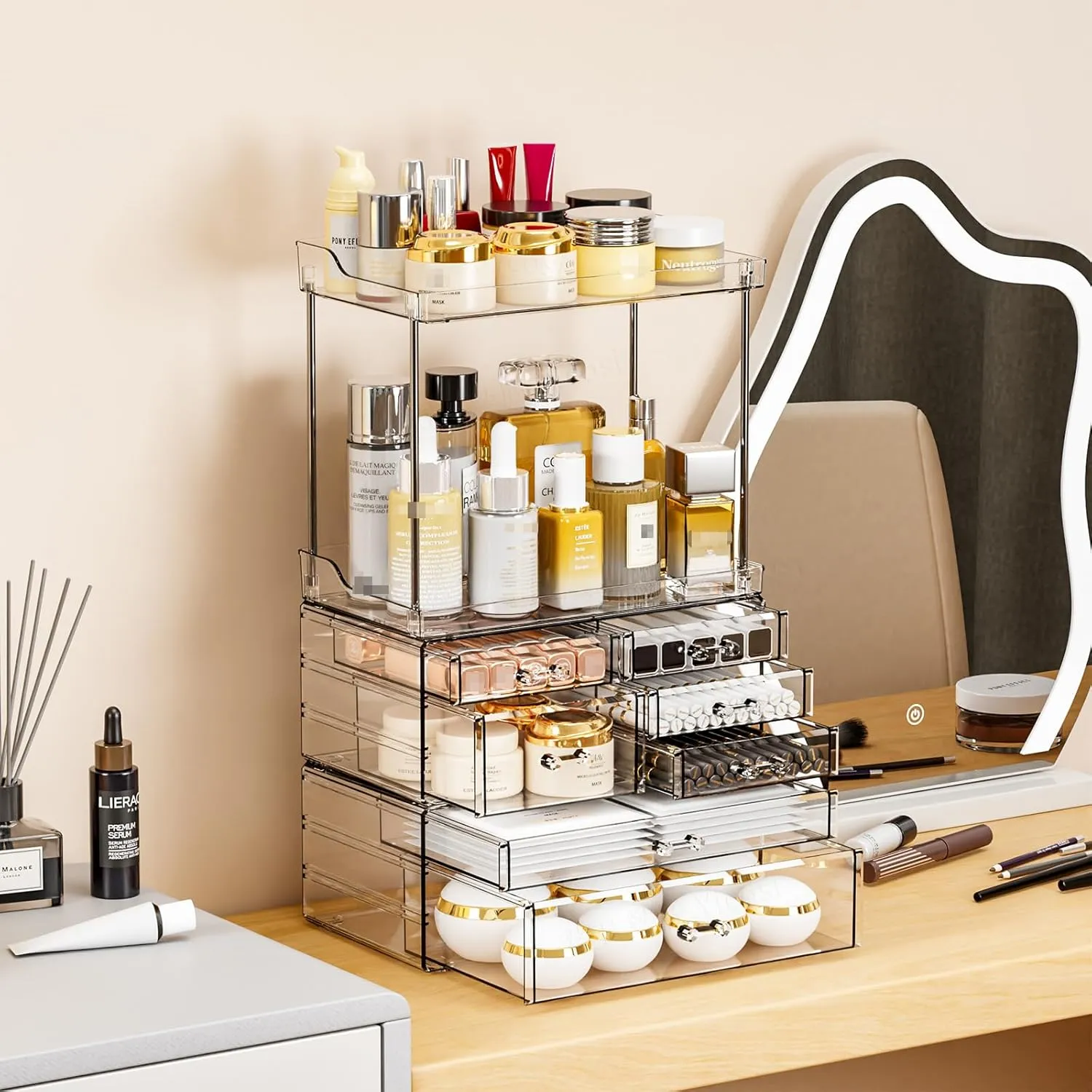 Yieach Clear Acrylic Makeup Organizer Countertop,Large Skincare Organizer for Dresser Top,Plastic Bathroom Counter Organizers and Storage for Beauty,Cosmetic,Hair Products,Lotion and Perfume Organizer