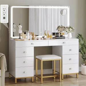 YITAHOME Vanity Desk Set- 48" Large Makeup Vanity with Mirror and Lights 3 Lighting Modes, Dressing Table with Charging Station, Makeup Desk with 8 Drawers, for Bedroom and Dressing Room, White