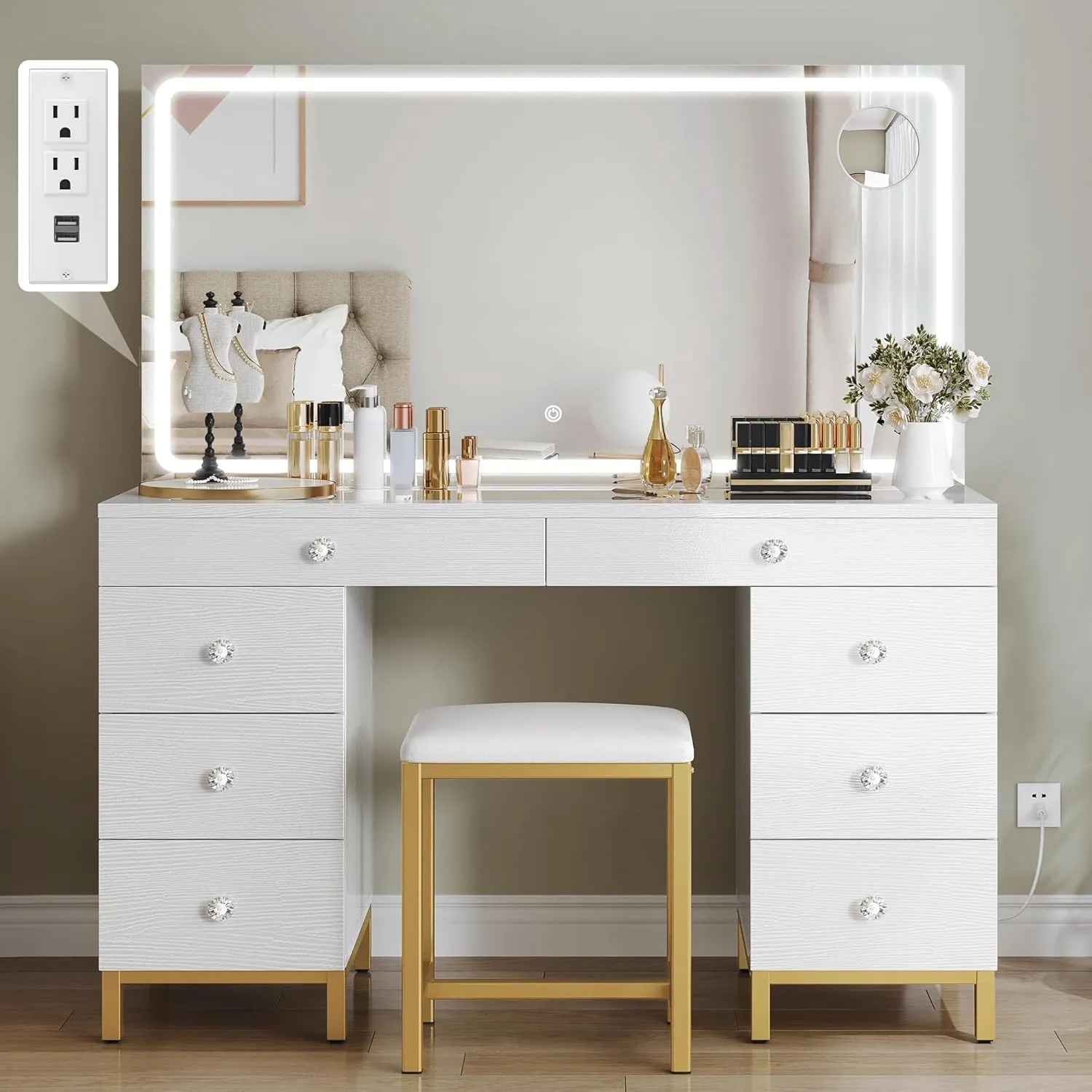 YITAHOME Vanity Desk Set- 48" Large Makeup Vanity with Mirror and Lights 3 Lighting Modes, Dressing Table with Charging Station, Makeup Desk with 8 Drawers, for Bedroom and Dressing Room, White