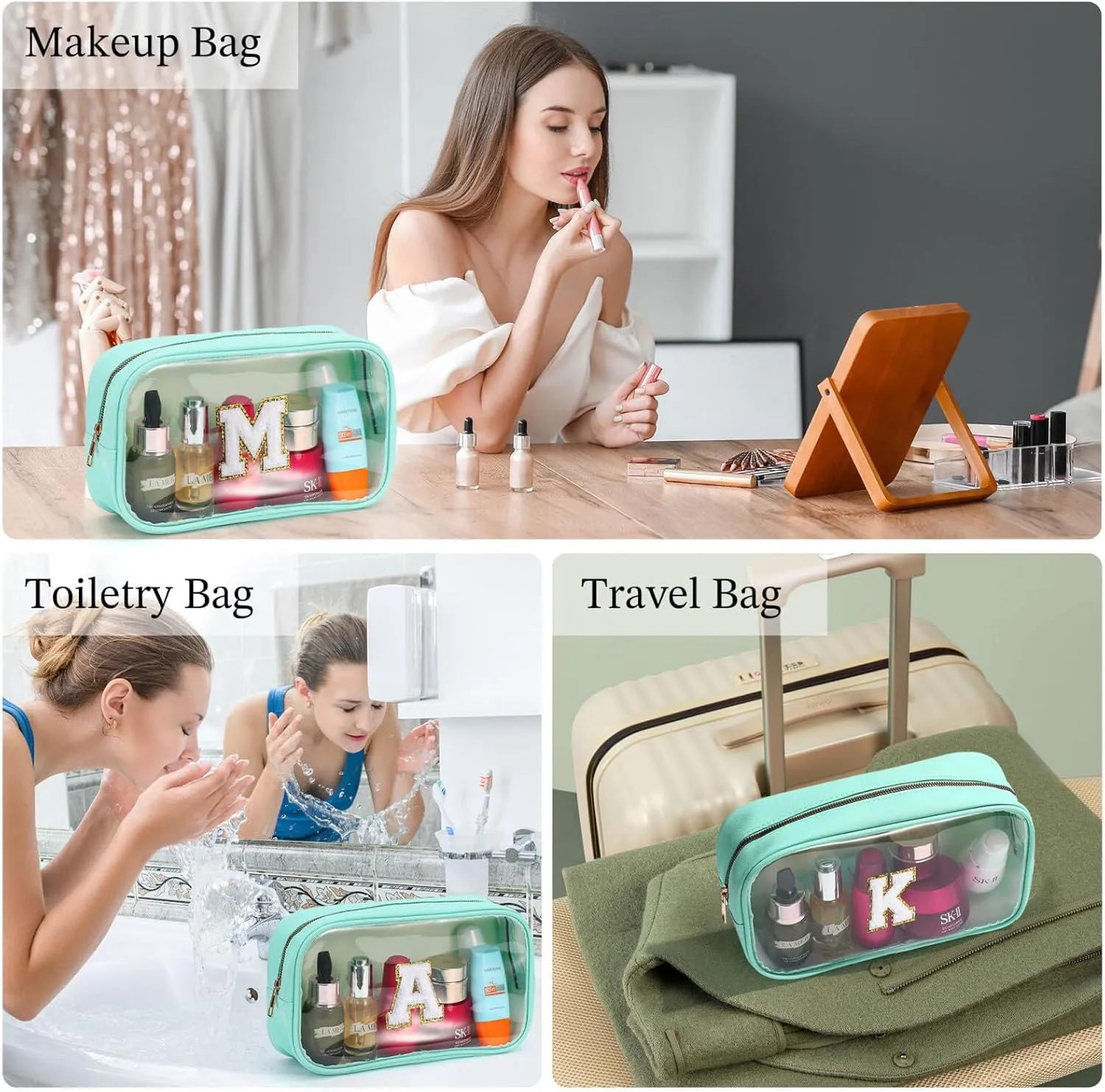 YOOLIFE Initial Make Up Bag Travel Toiletry Bag, Clear Makeup Bag Preppy Cosmetic Bags Organizer Travel Essentials Gifts for Women Teen Girlfriend Teacher Mom Birthday Girl Gifts Makeup Case Blue M