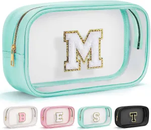 YOOLIFE Initial Make Up Bag Travel Toiletry Bag, Clear Makeup Bag Preppy Cosmetic Bags Organizer Travel Essentials Gifts for Women Teen Girlfriend Teacher Mom Birthday Girl Gifts Makeup Case Blue M