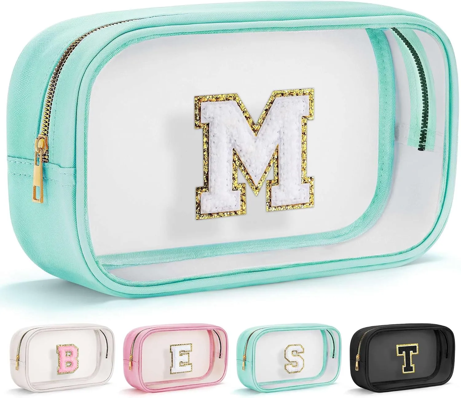 YOOLIFE Initial Make Up Bag Travel Toiletry Bag, Clear Makeup Bag Preppy Cosmetic Bags Organizer Travel Essentials Gifts for Women Teen Girlfriend Teacher Mom Birthday Girl Gifts Makeup Case Blue M