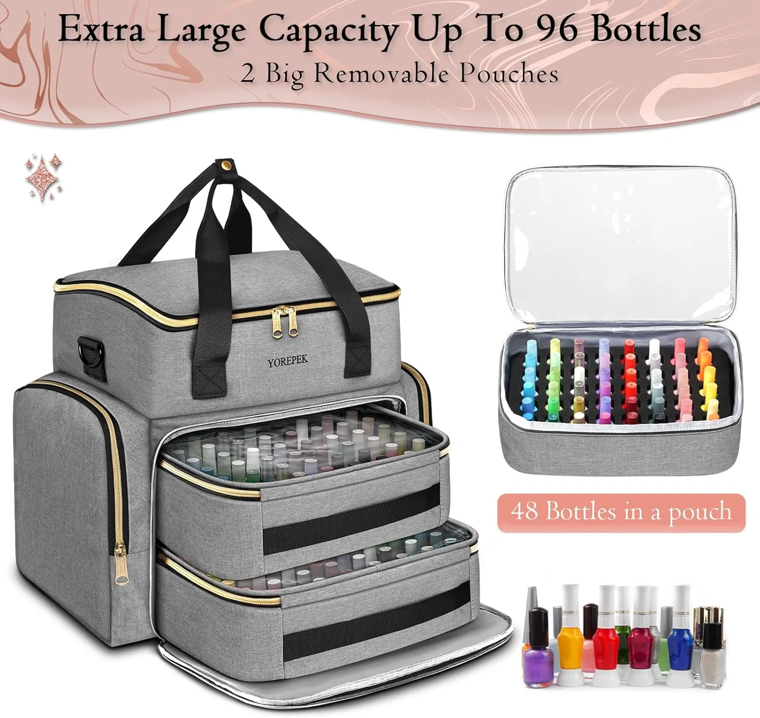 YOREPEK Nail Polish Organizer Case Holds 96 to 100  Bottles (15ml/0.5 fl.oz) UV lamp, Extra Large Nail Polish Holder with Support Board for Easy Access, Gel Kit Bag For Manicure Tools, Grey